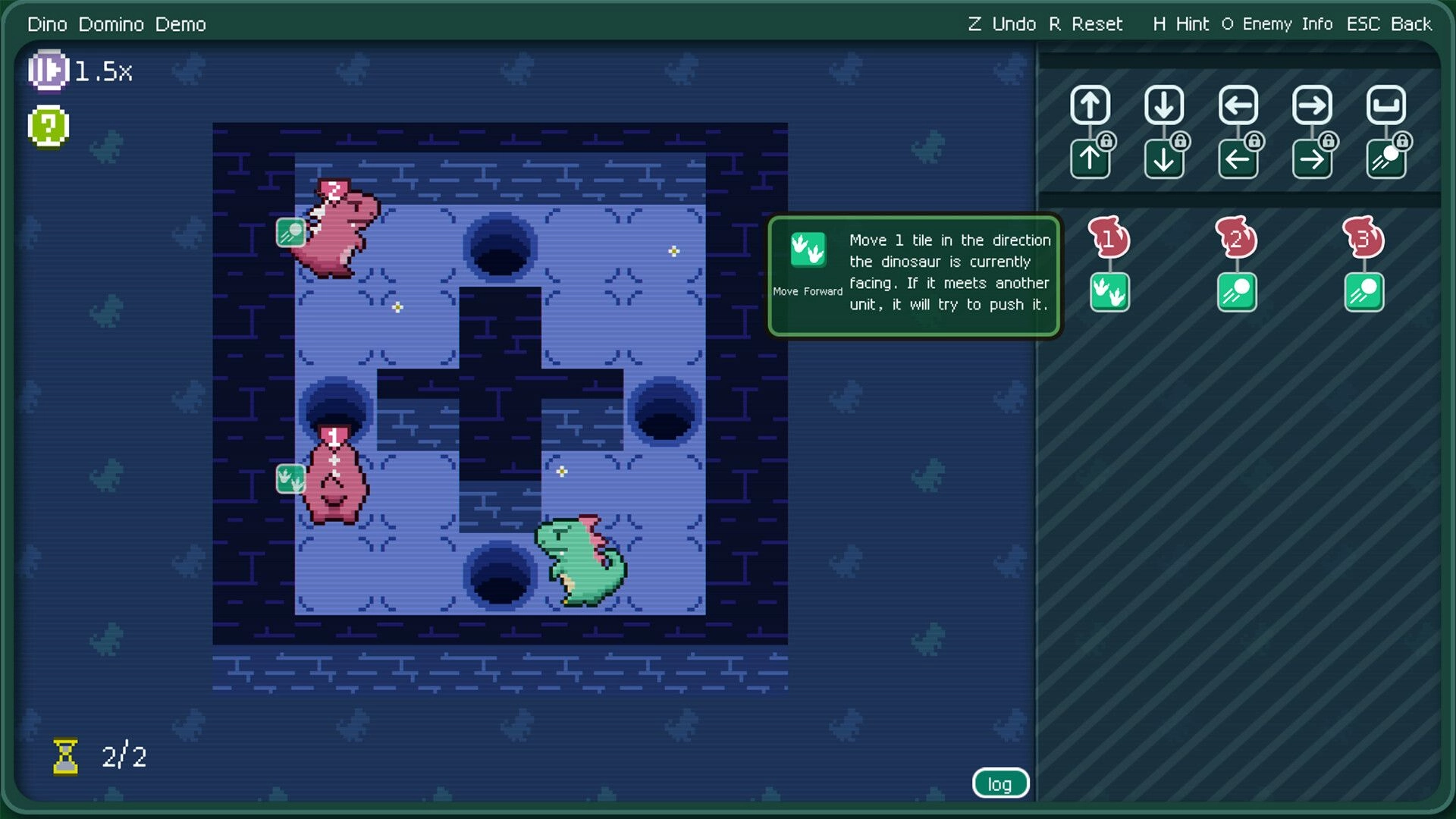 Dino Domino: Green dino on tile dungeon with holes, tutorial tooltip and command tiles UI panel.