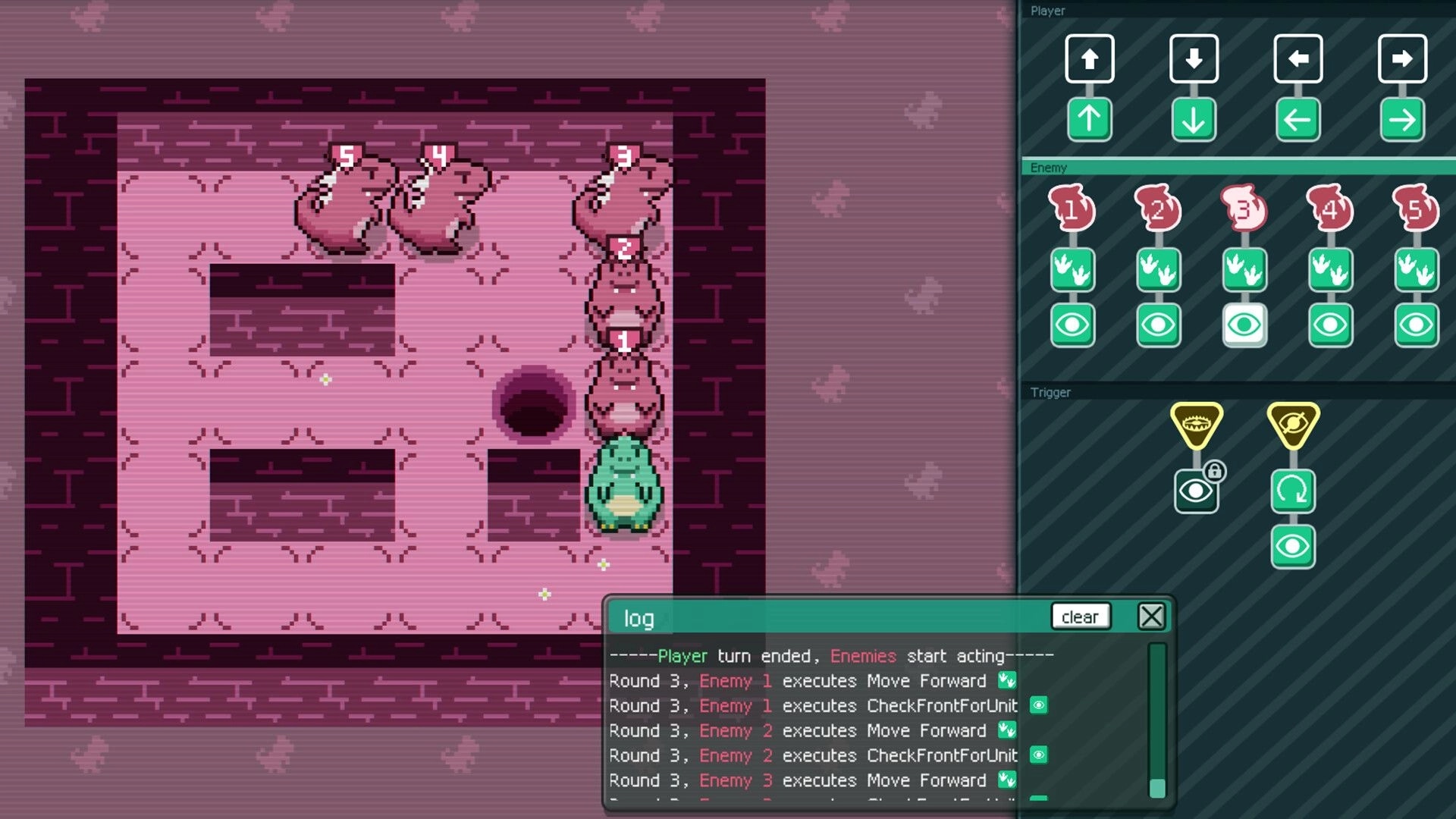 Dino Domino: Green dino faces stacked enemies by a pit in pink dungeon, with command UI and log panel.