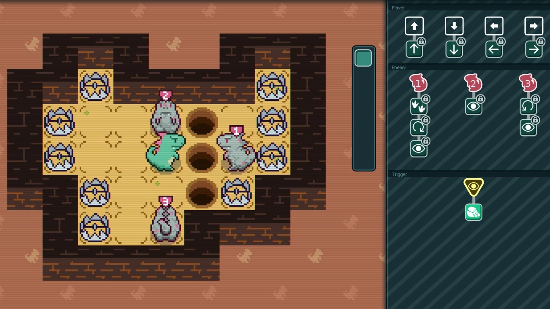 Dino Domino: Dino faces numbered slimes by pits in a brick dungeon, with command tiles UI on right.