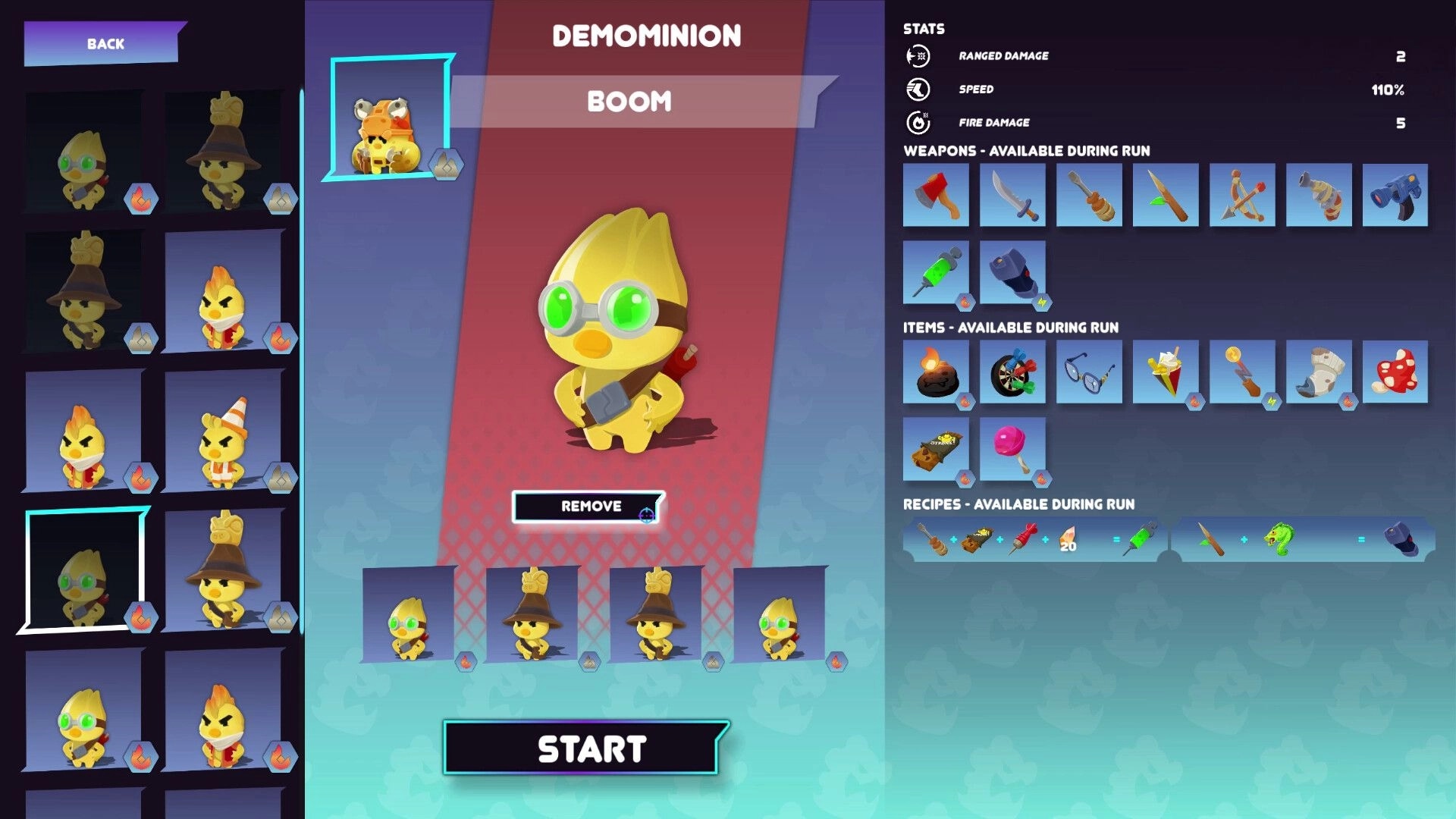 Dino-Ducks Mayhem: Duck loadout screen with Demominion Boom and weapon, item, recipe lists UI.
