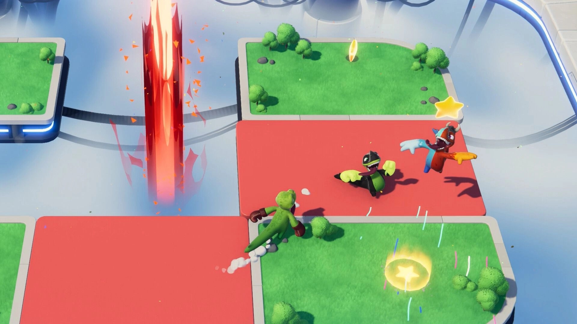 Dino Party: Three dinos battling on red platforms with a fiery explosion and glowing stars nearby