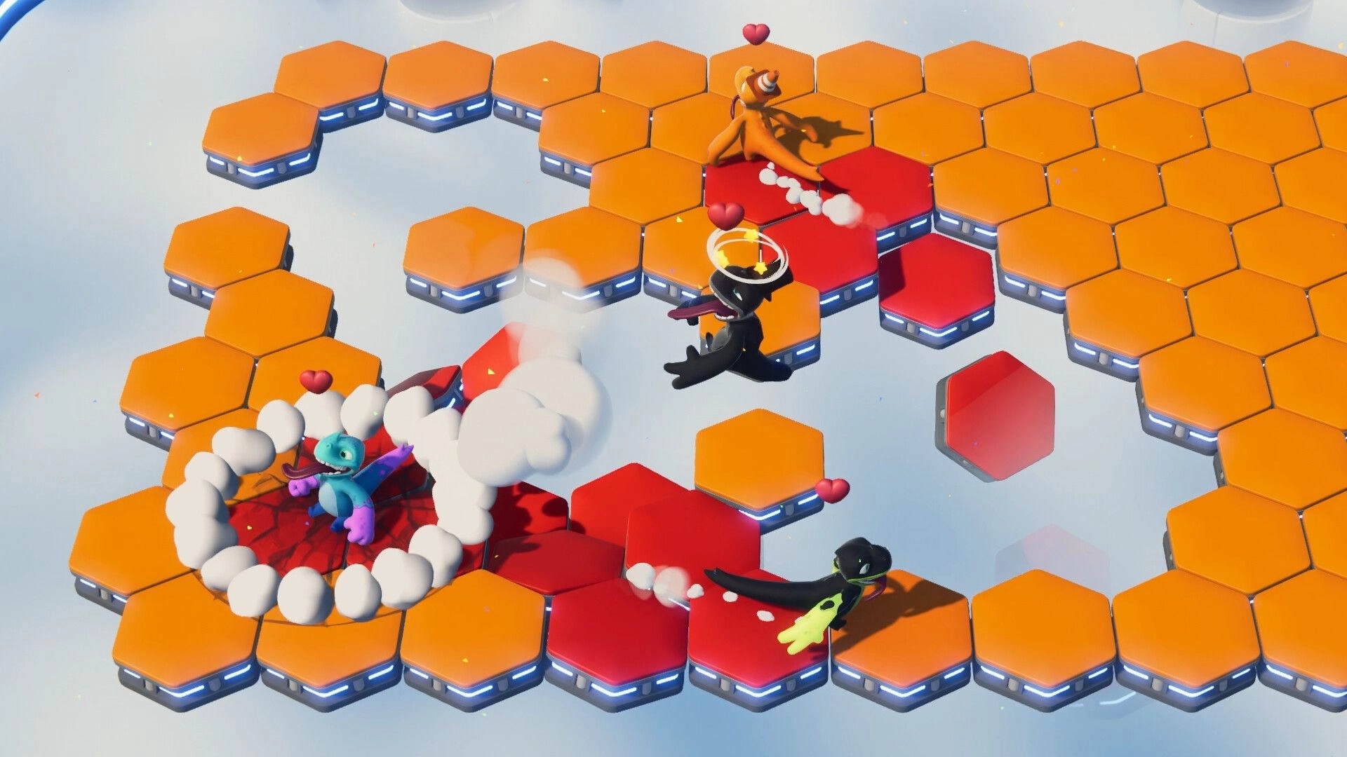 Dino Party: Colorful dinosaur characters battling on hexagonal tiles in a floating arena environment