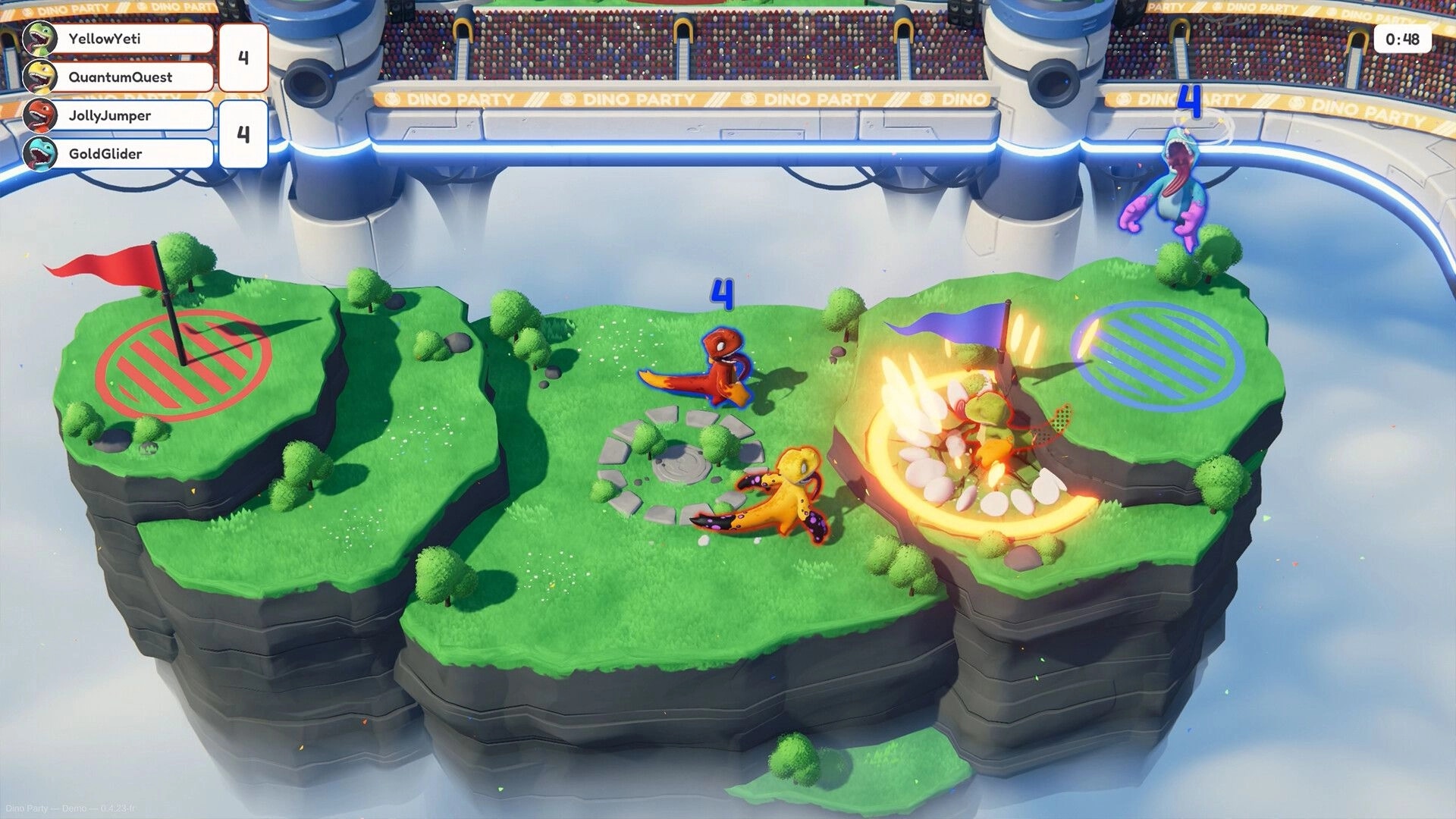 Dino Party: Colorful dinos battle on floating islands with flags and scores displayed in a lively arena.