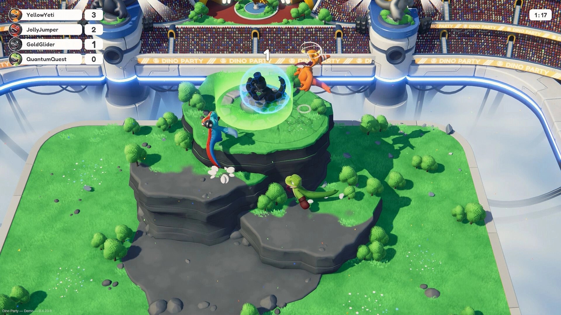 Dino Party: Four dinos brawl atop a grassy cliff in a stadium arena, with score UI on the left.