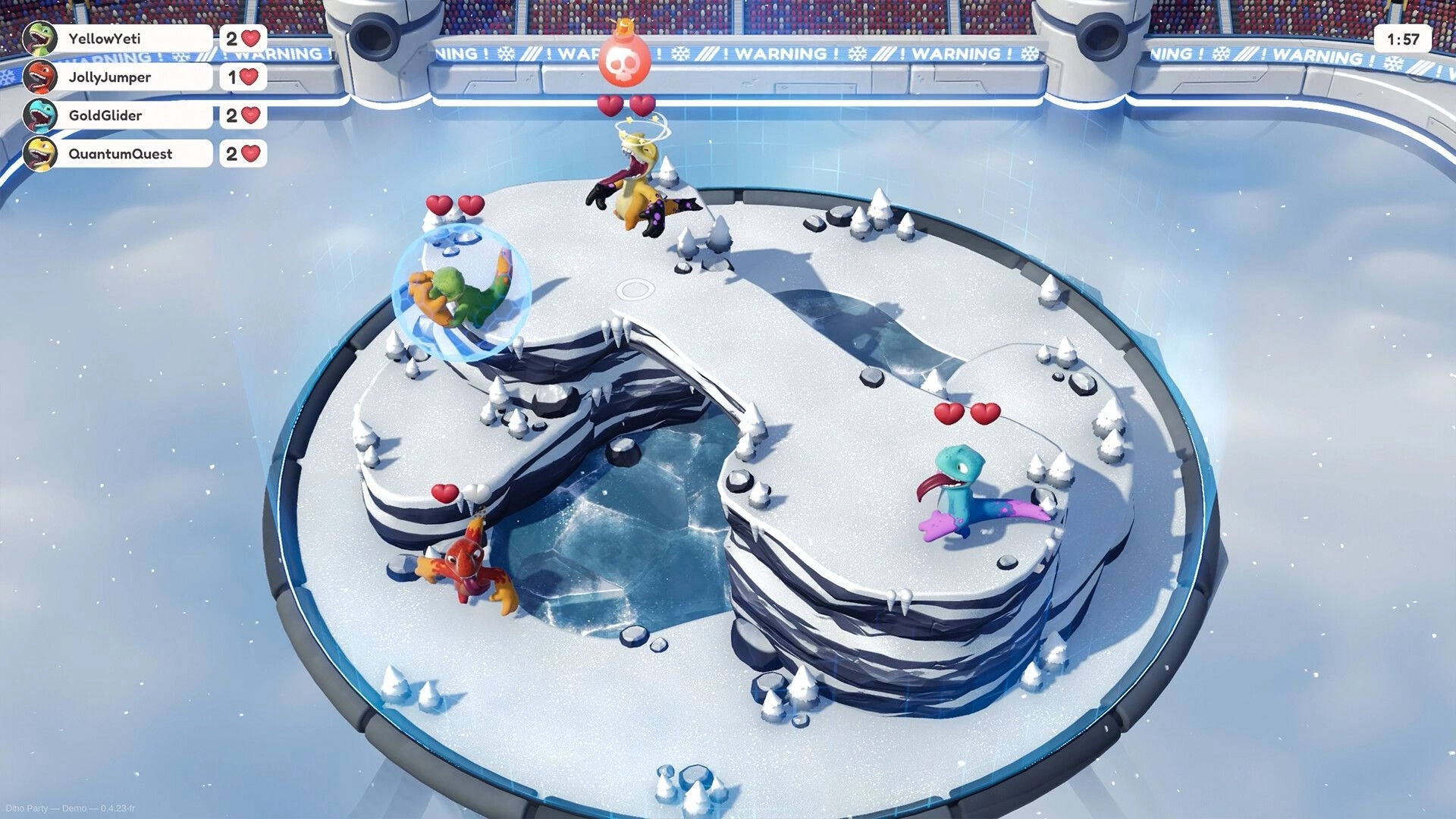 Dino Party: Four dinos battle on icy arena with heart icons and player names on screen