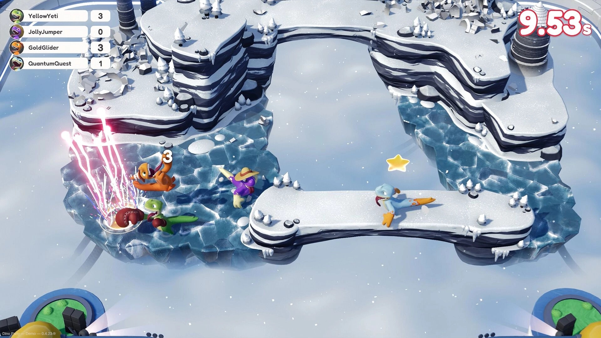 Dino Party: Colorful dinos battling on icy platforms with score and timer UI in snowy landscape