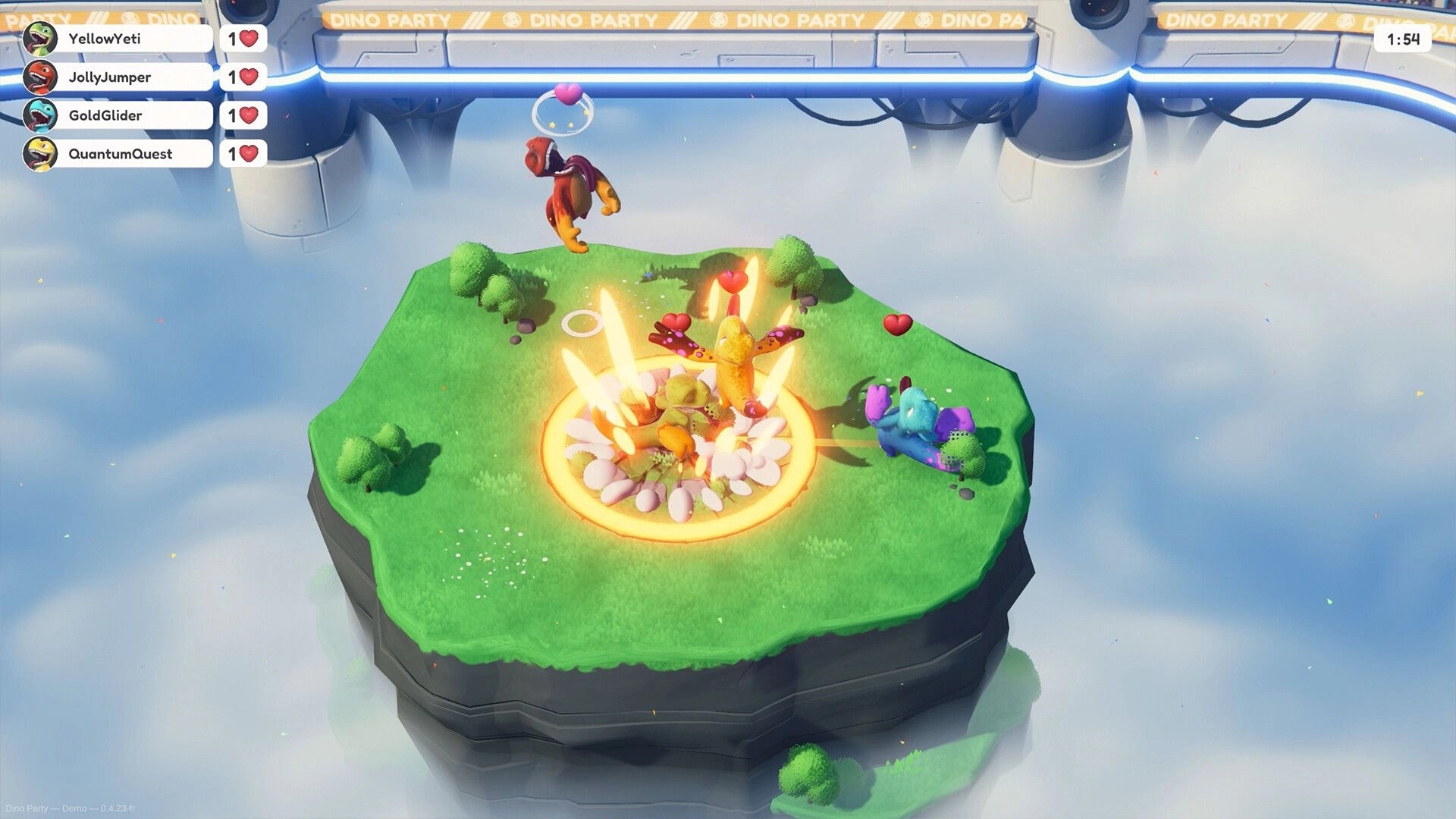 Dino Party: Four dinos battling on a floating island with health icons and a round timer visible
