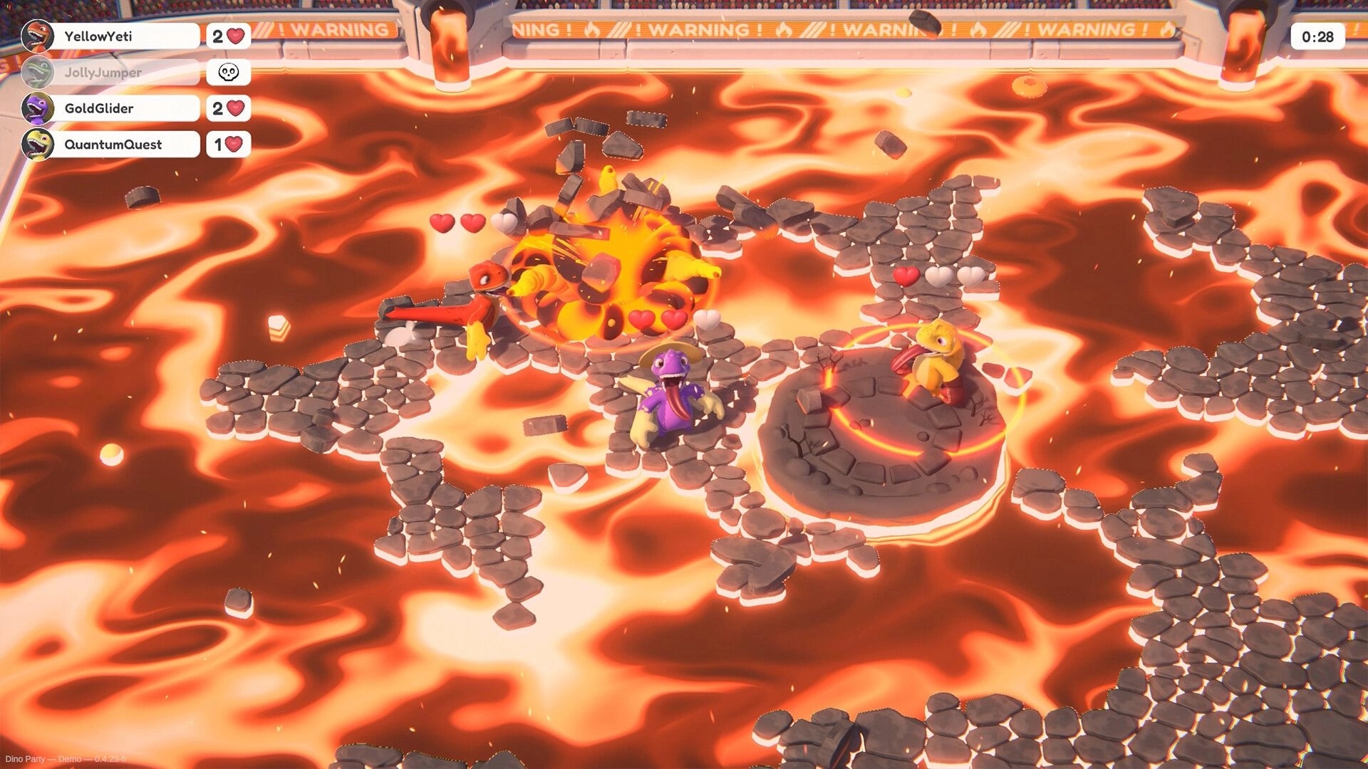 Dino Party: Four dinos battle on floating platforms over molten lava in a heated arena showdown.
