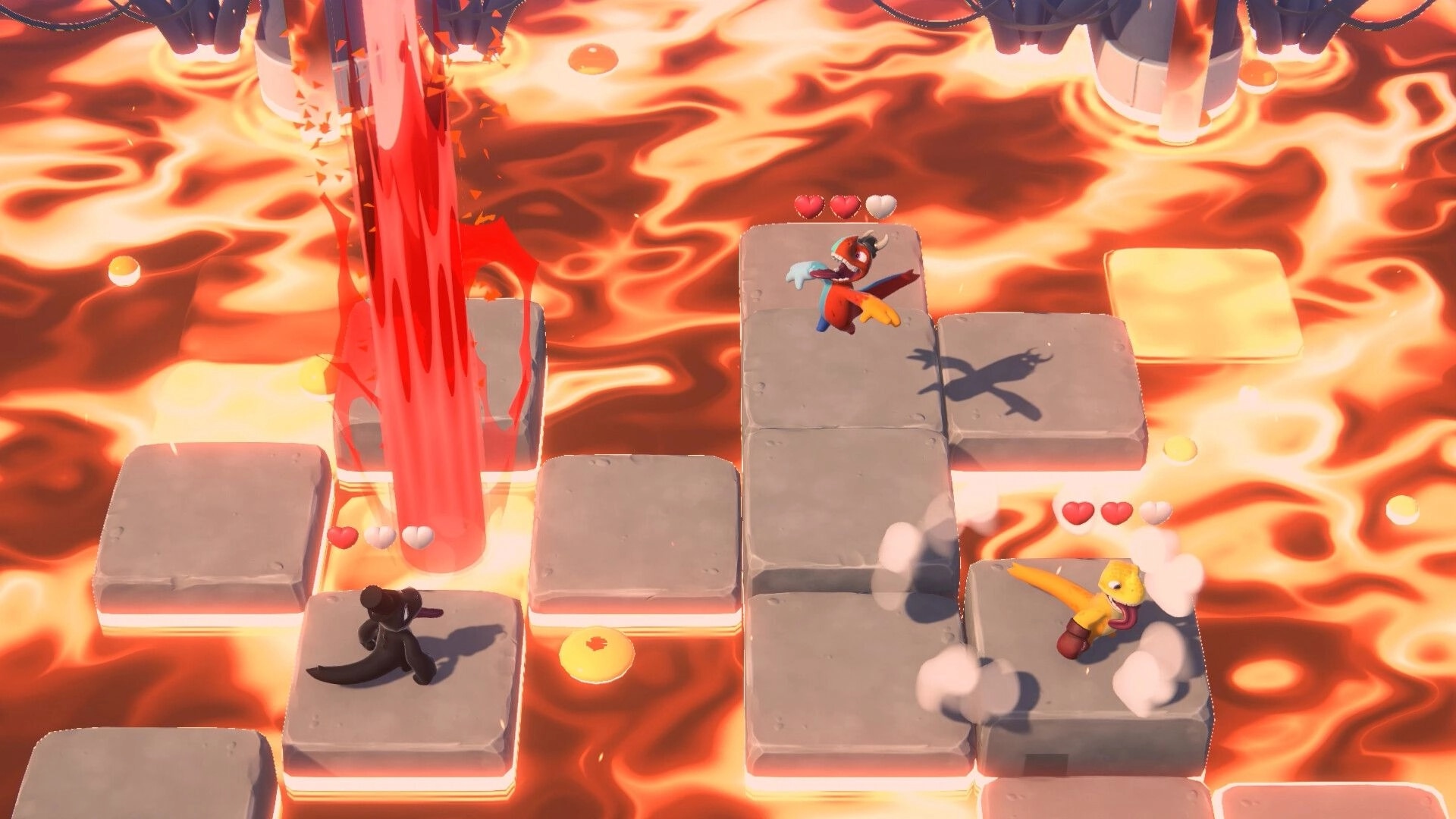 Dino Party: Three colorful dinos leap across floating platforms over a fiery lava pit in a chaotic minigame.