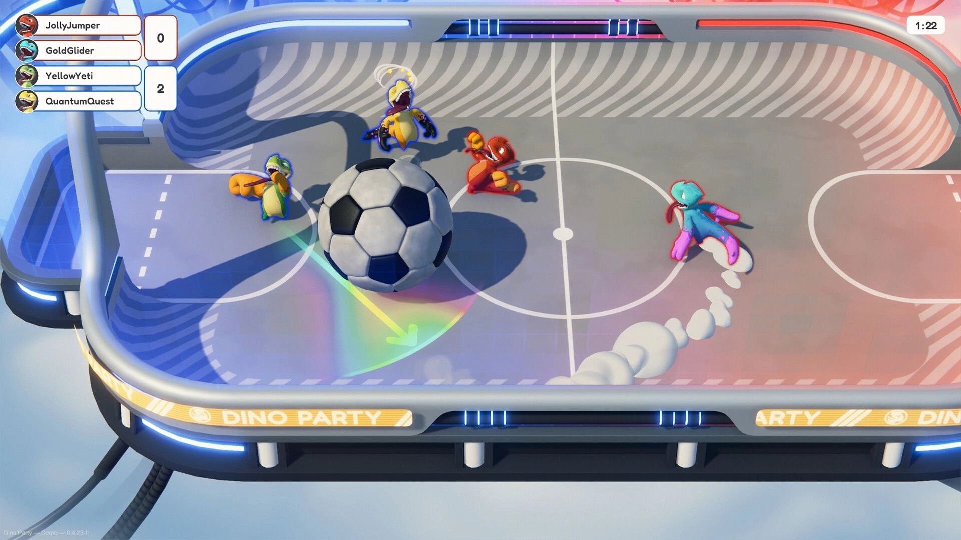 Dino Party: Colorful dinos play soccer on a floating arena, with a scoreboard showing player names.