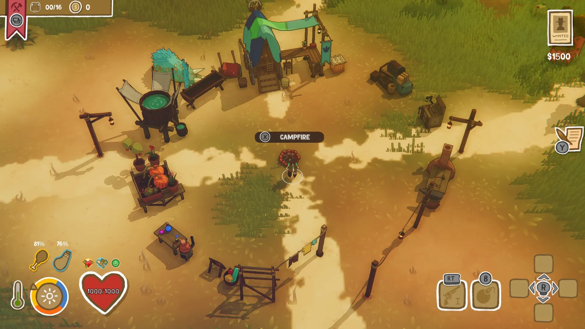Dino Path Trail: Character near campfire in desert camp with tents, supplies, and surrounding foliage.