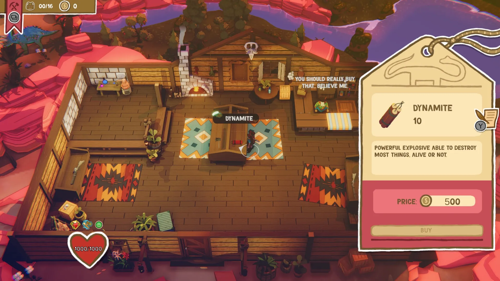 Dino Path Trail: Player examines dynamite inside a rustic cabin with a colorful rug and fireplace.