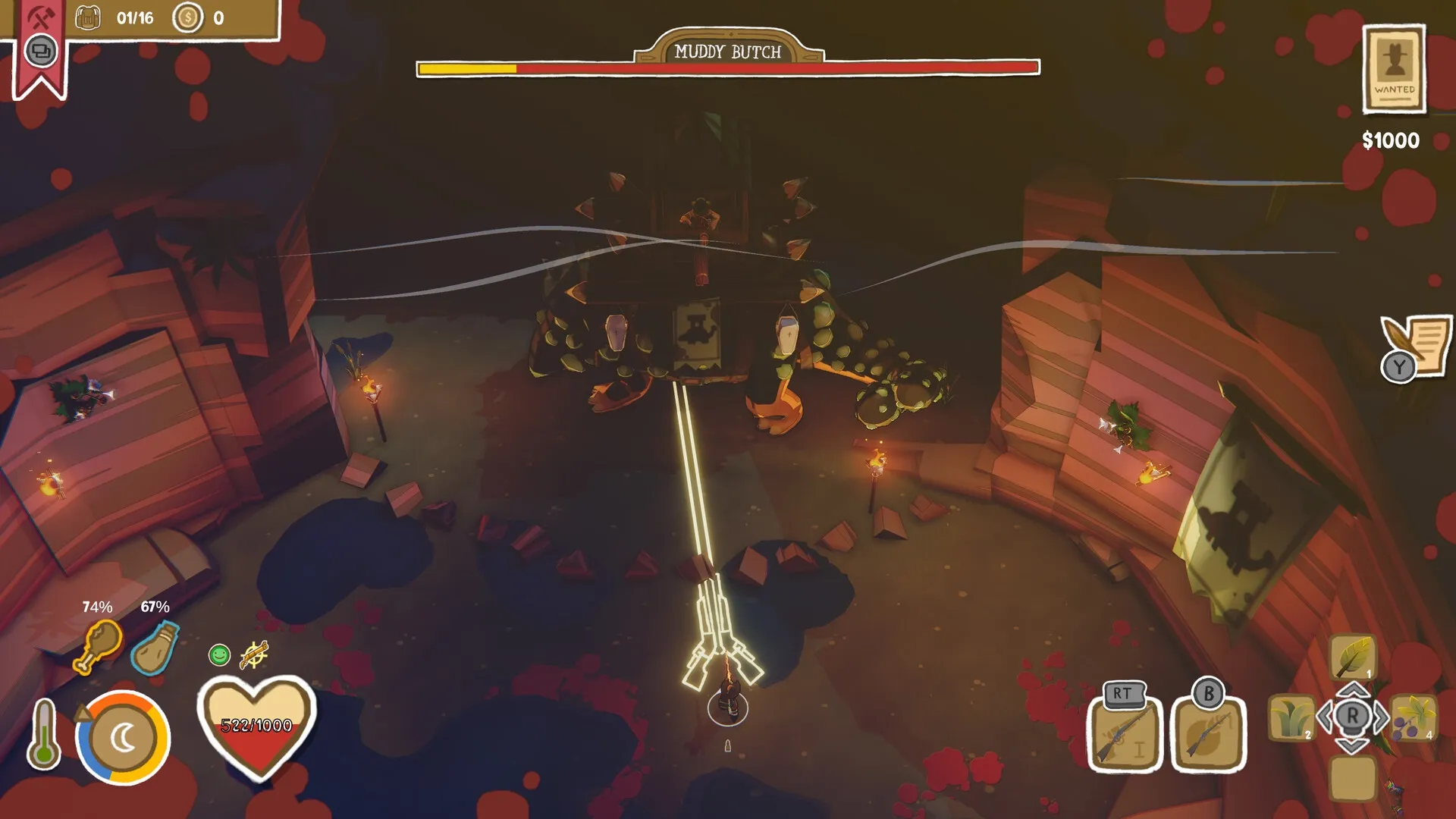 Dino Path Trail: Player battles Muddy Butch with health bar visible in a rocky, torch-lit canyon
