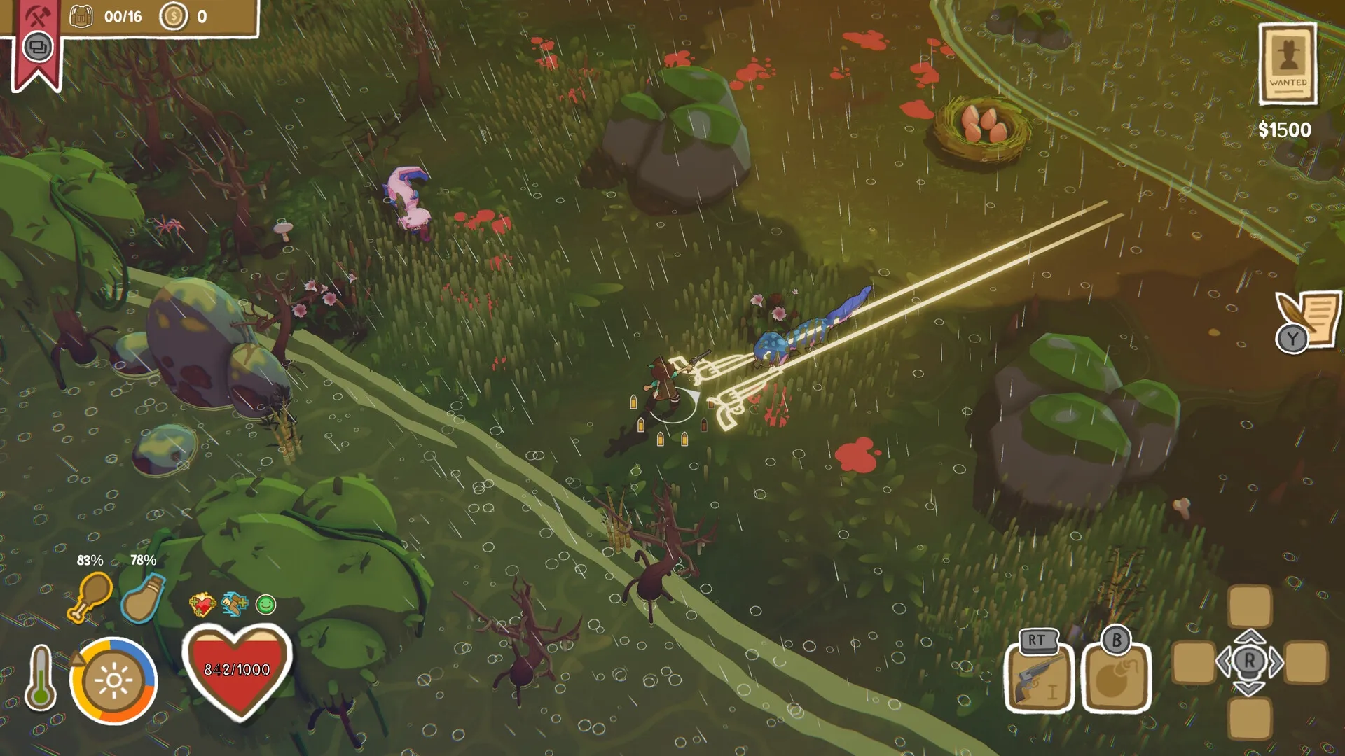 Dino Path Trail: Character battling dinosaur in a rainy forest with health and inventory UI displayed