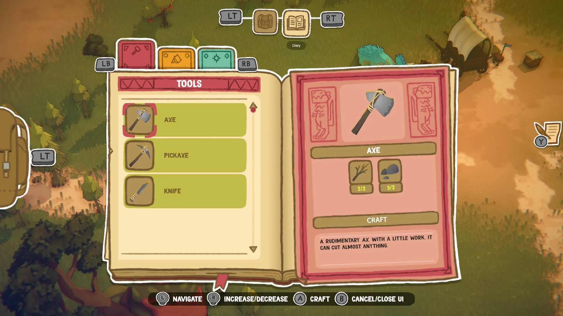 Dino Path Trail: Crafting menu with axe, pickaxe, and knife options in a forested frontier setting