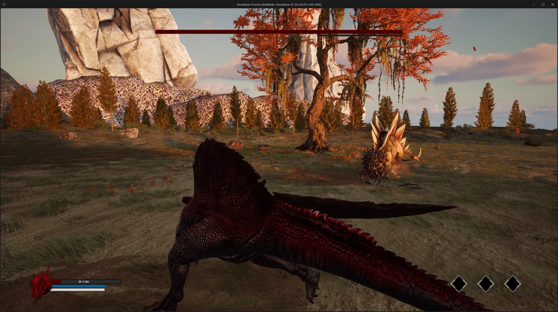 Dinoblade: Spinosaurus confronts rival dinosaur in forest clearing, health bar and status icons visible