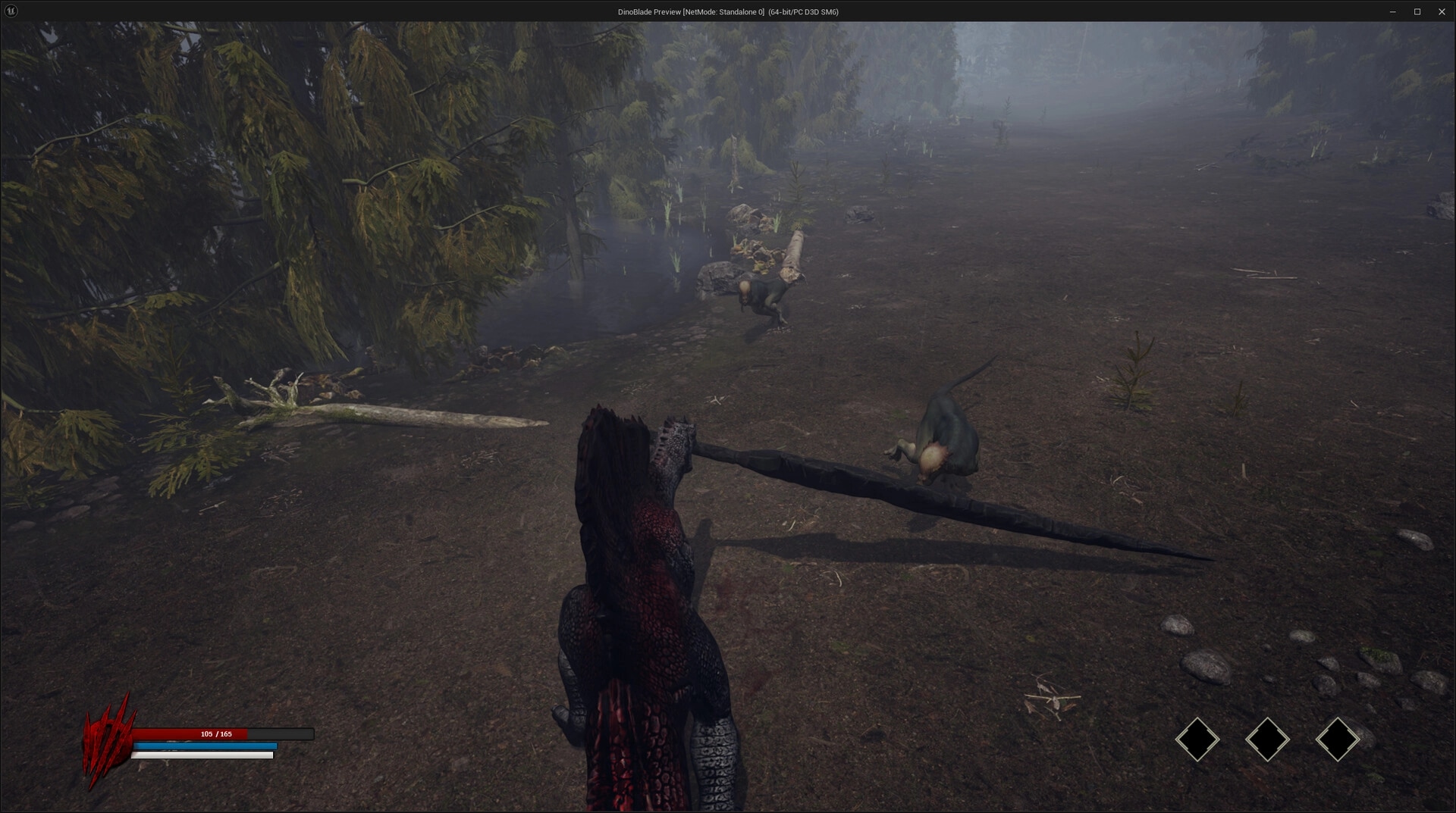 Dinoblade: Spinosaurus wielding Great Sword confronts two dinosaurs in a foggy forest clearing.