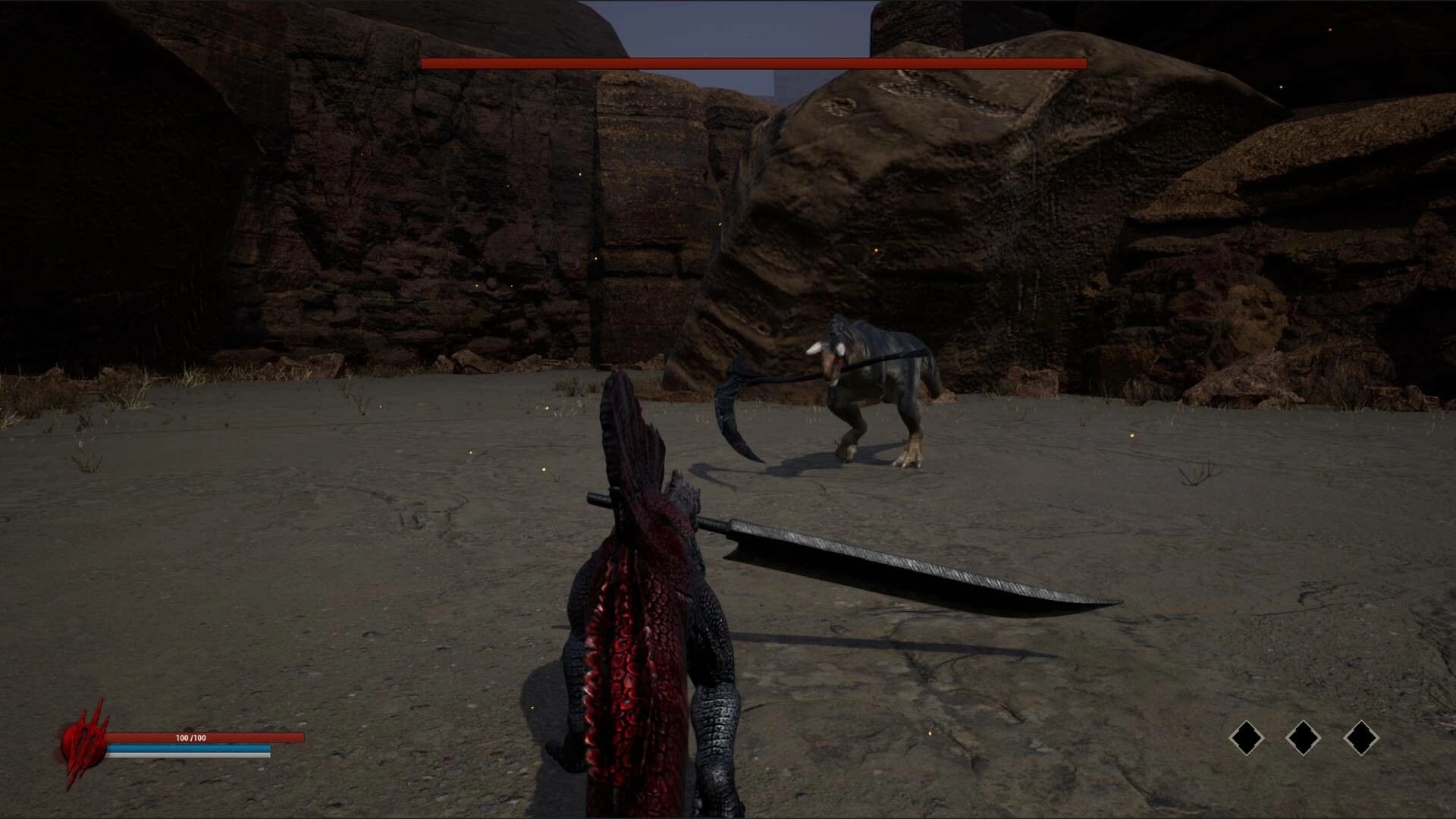 Dinoblade: Spinosaurus wielding Great Sword faces armed dinosaur in rocky prehistoric arena