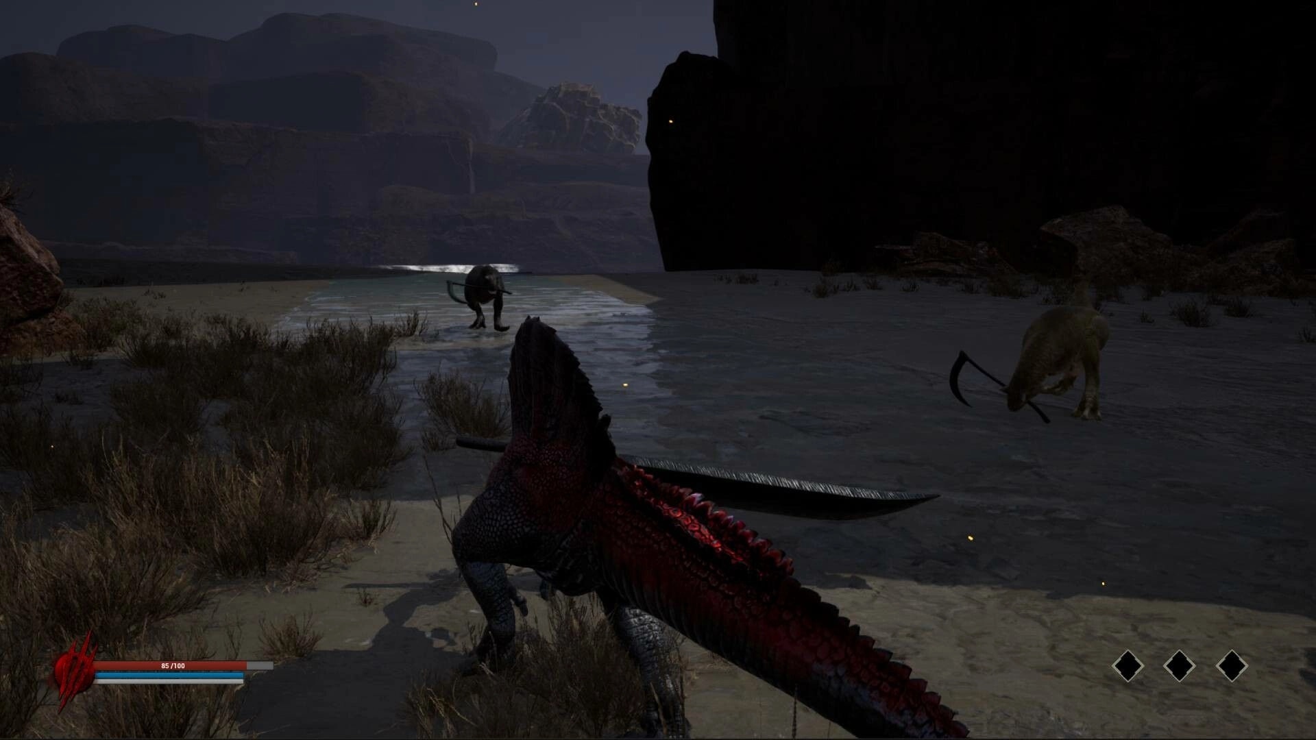 Dinoblade: Spinosaurus with Great Sword confronts armed dinosaurs on a sandy, dimly lit prehistoric shore