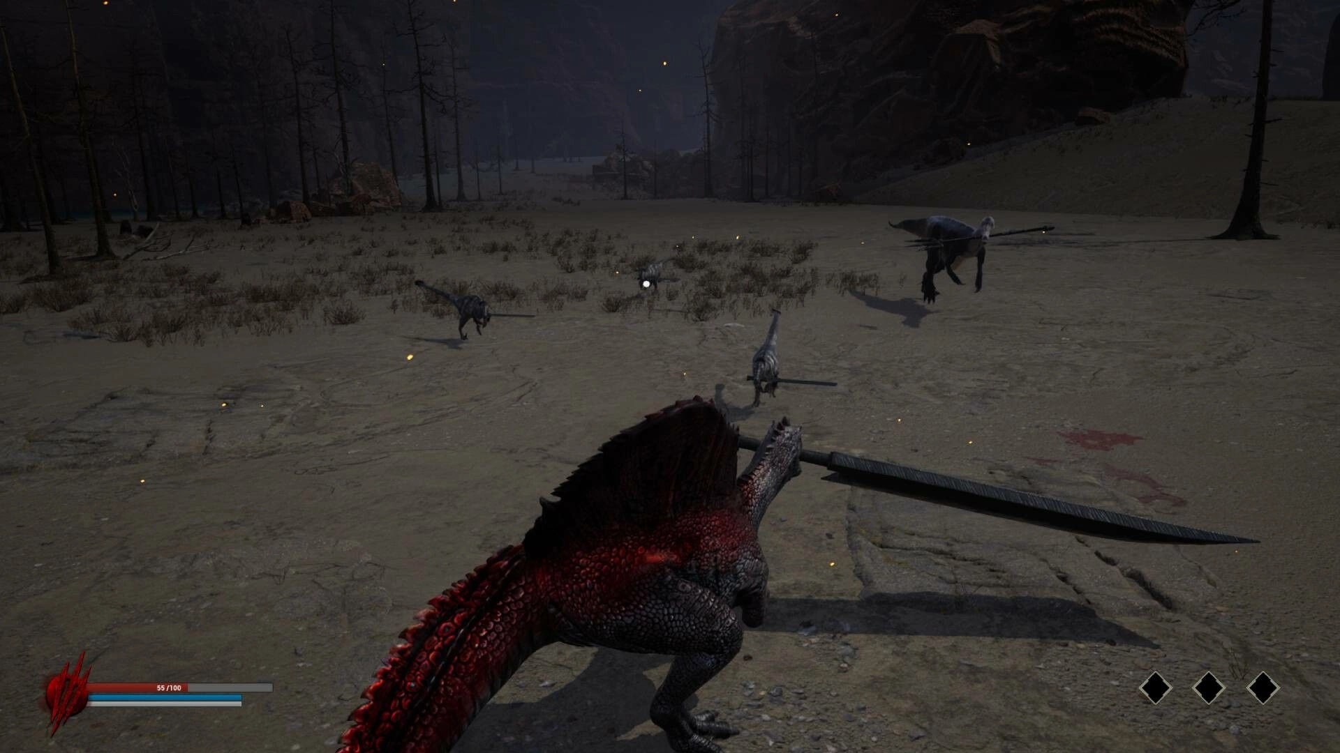 Dinoblade: Spinosaurus wielding Great Sword confronts rival dinosaurs in a barren, dim prehistoric landscape