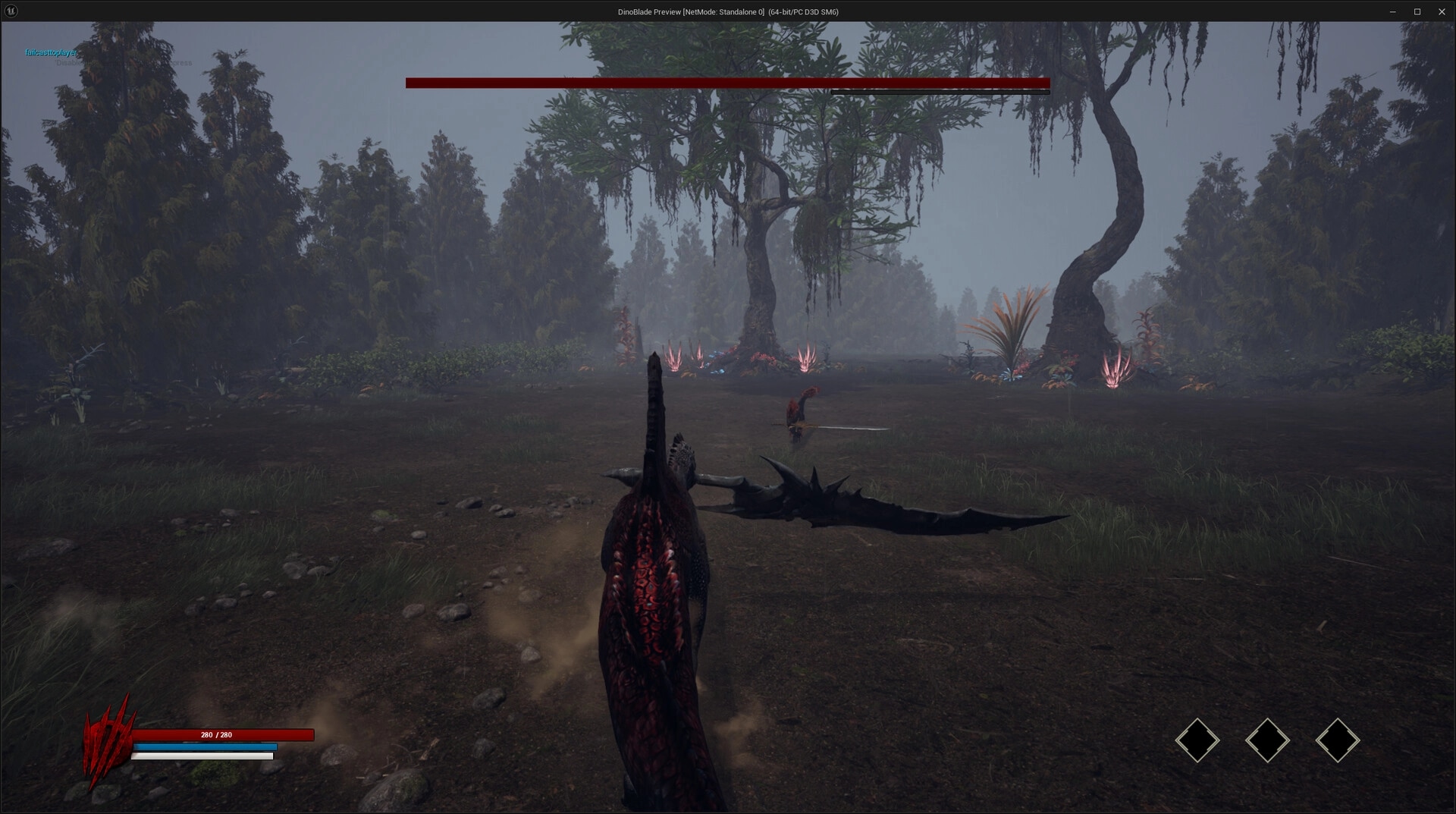 Dinoblade: Spinosaurus wielding Great Sword confronts enemy dinosaur in misty prehistoric forest.