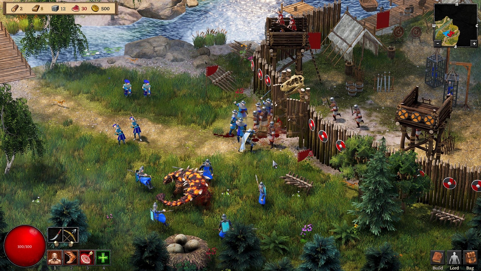 Dinolords: Troops battle near wooden fortification by river with dinosaur and resource icons visible.