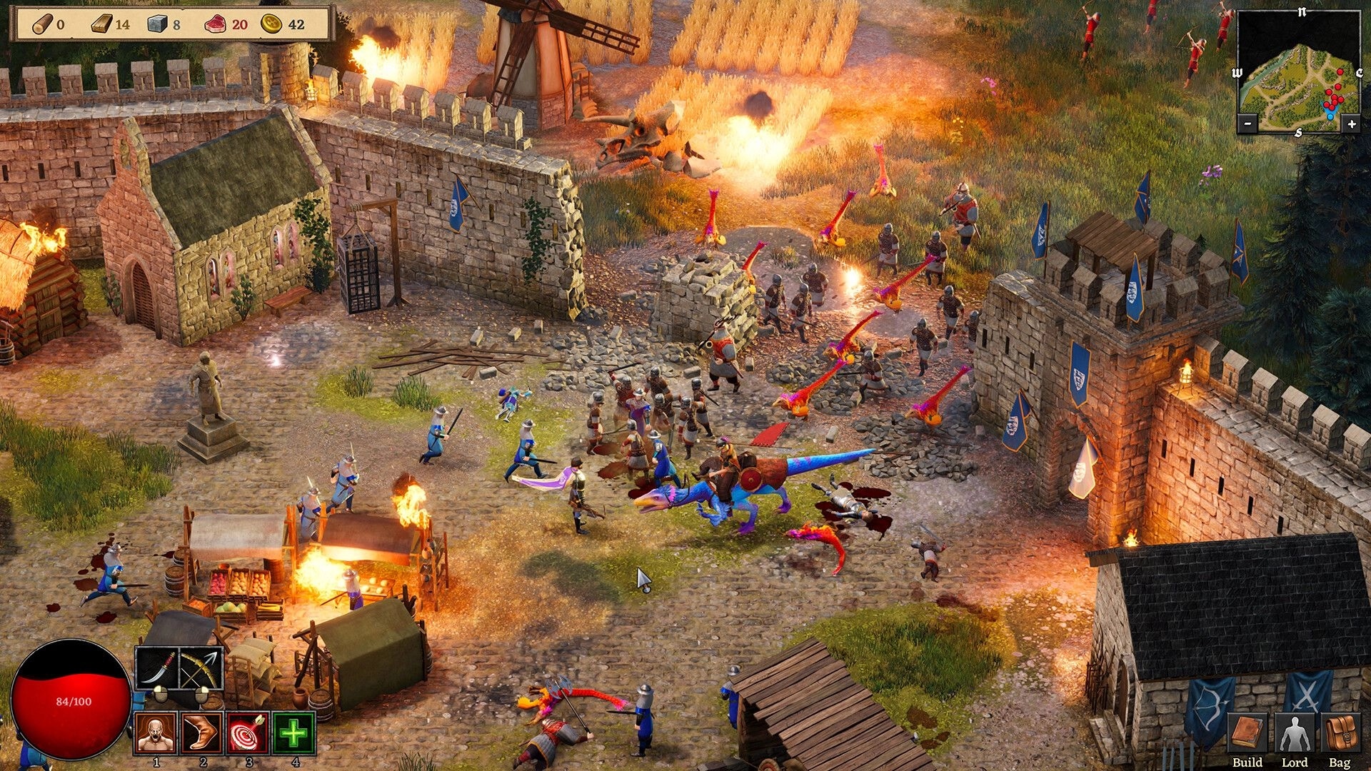 Dinolords: Soldiers defend medieval fort against dinosaur-riding invaders, fires blaze, map in corner