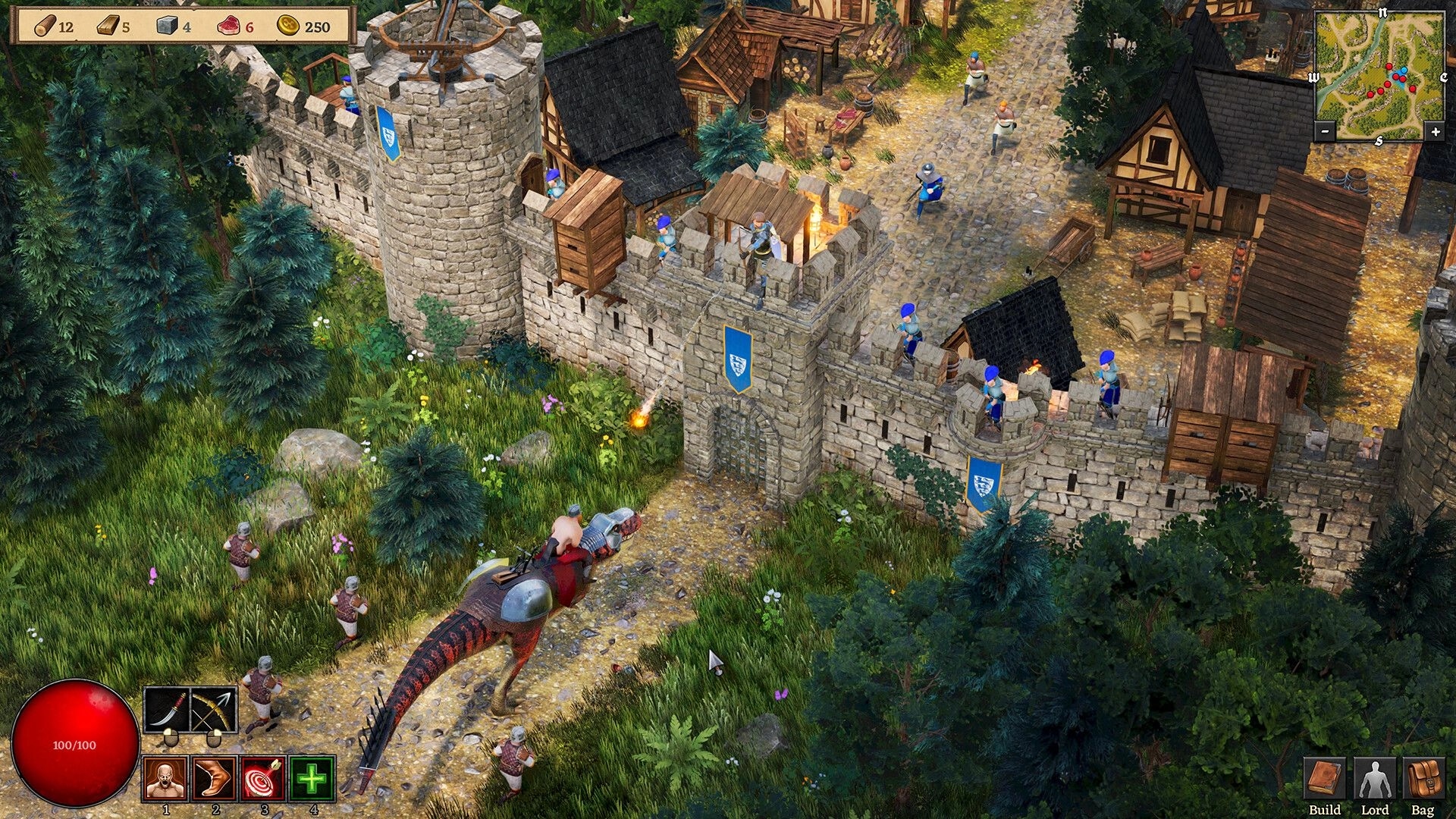 Dinolords: Soldiers on castle wall prepare defenses as dinosaur rider approaches in medieval village.