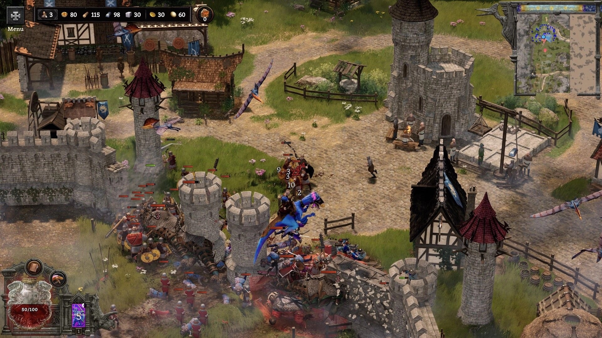 Dinolords: Castle siege with knights defending against dinosaur-mounted invaders in a medieval village.