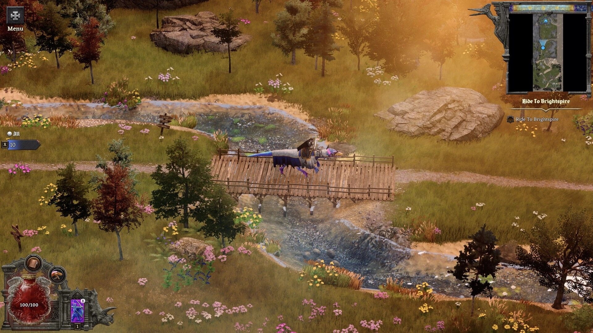 Dinolords: Knight on armored dinosaur crosses wooden bridge in lush meadow with map and UI elements.