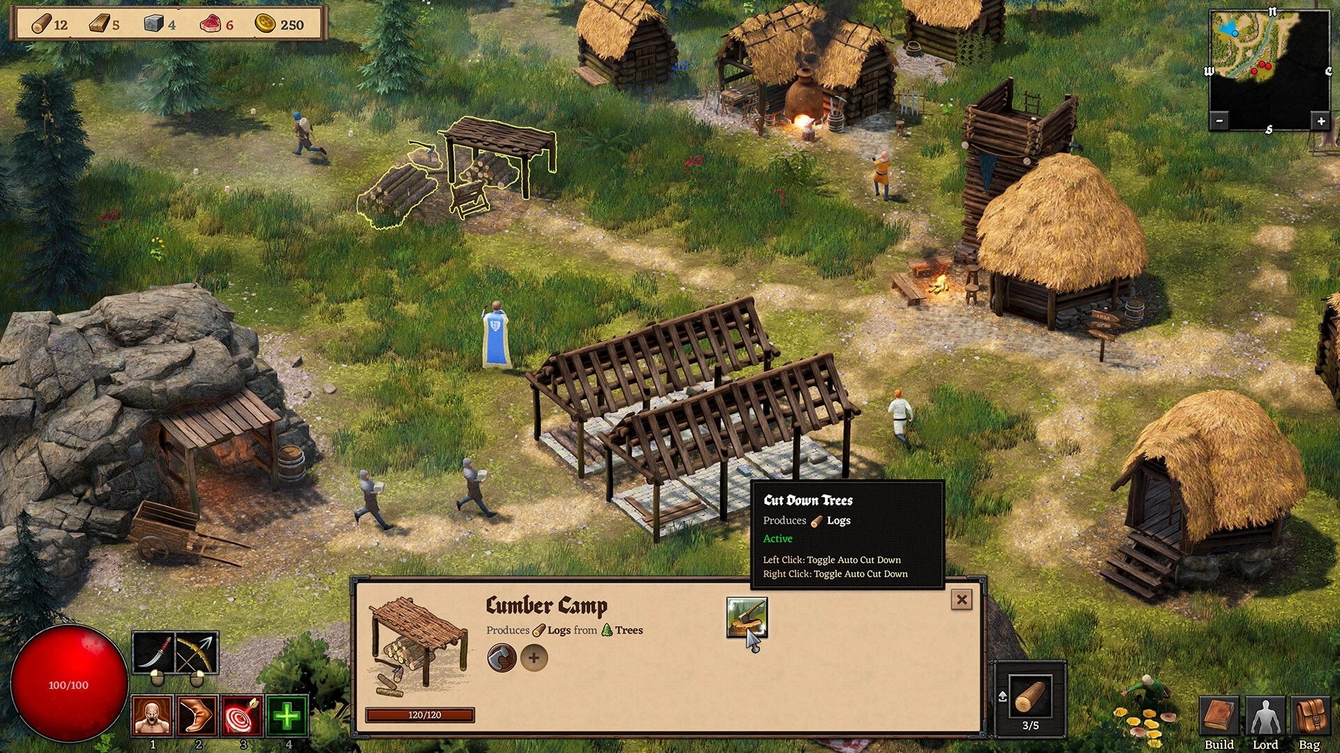 Dinolords: Lumber camp construction with resource management UI in a medieval village setting