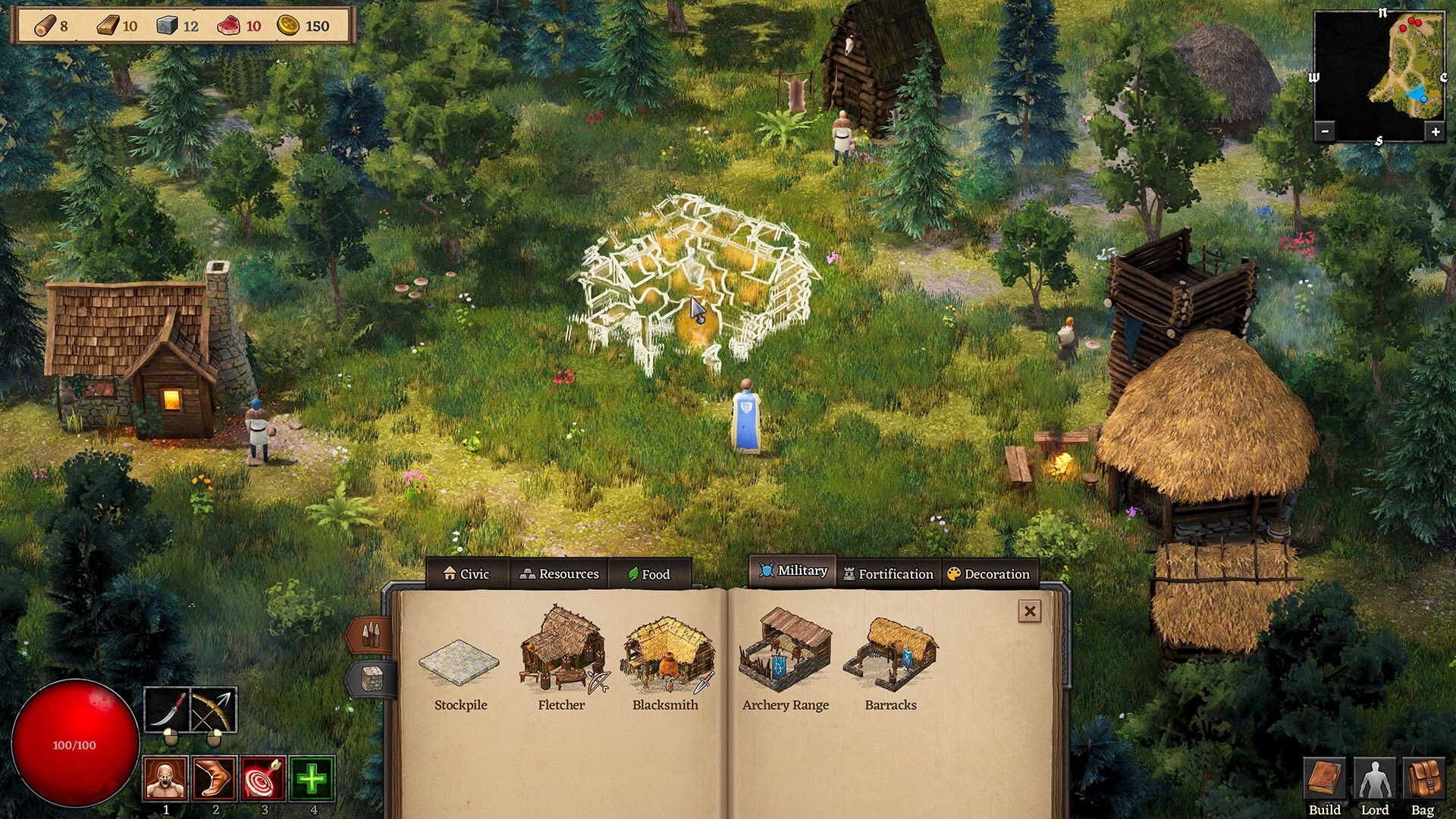 Dinolords: Player character near building site in village with resource menu and construction options