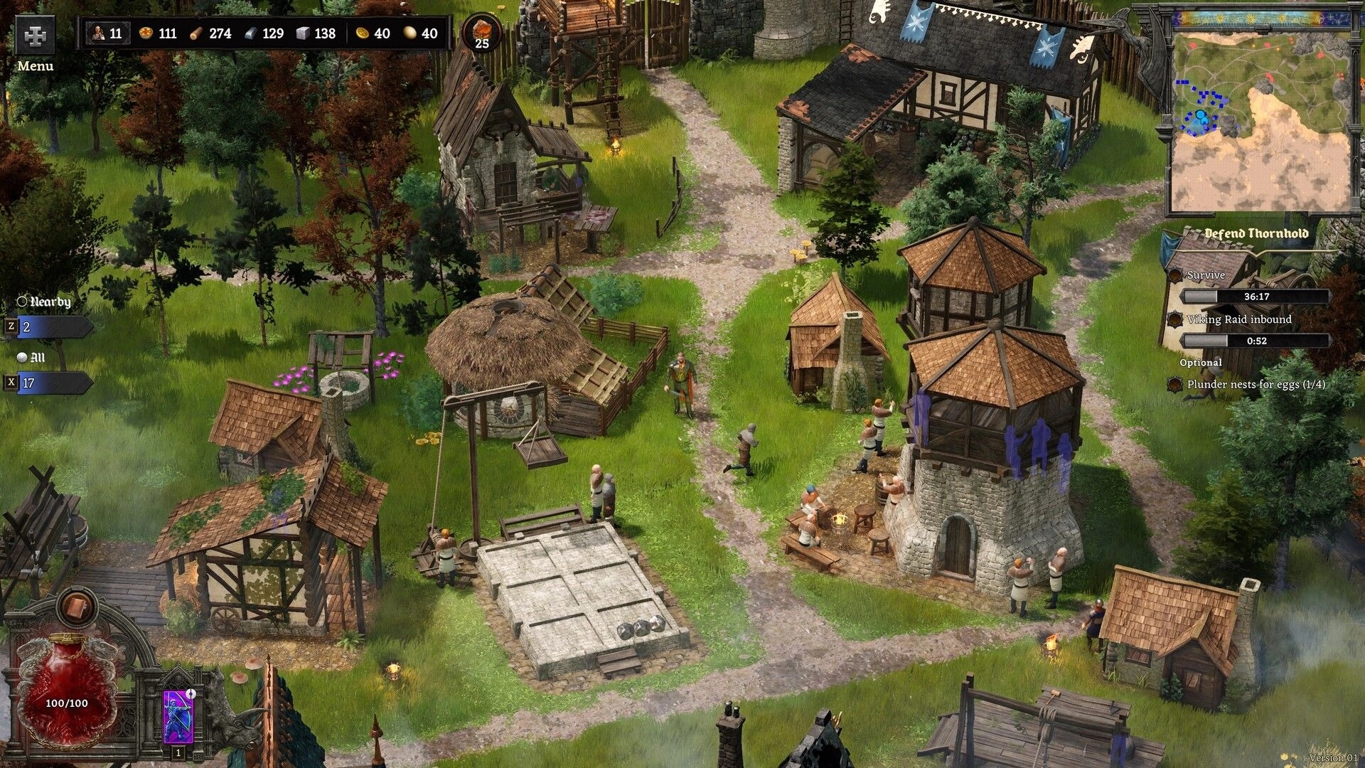 Dinolords: Armored units and dinosaurs gather in village with resource stats and minimap displayed.