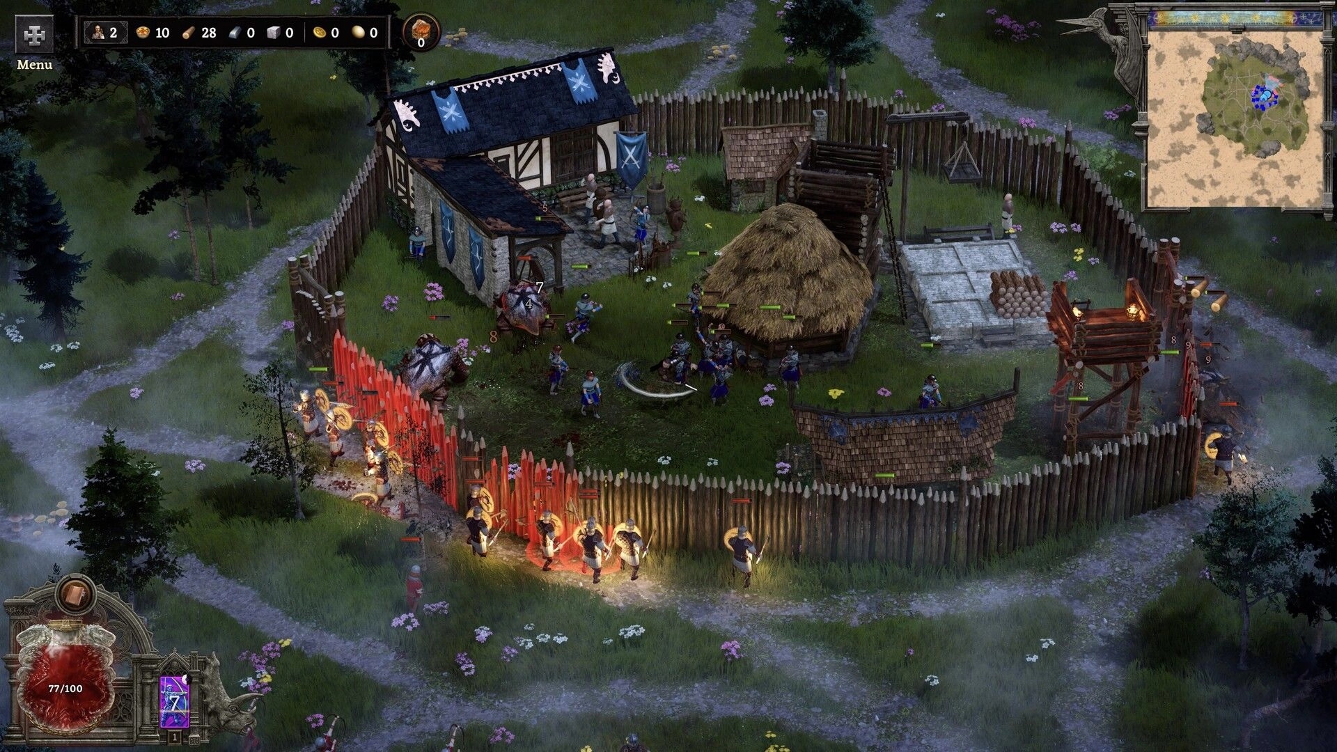 Dinolords: Soldiers defend a fortified village against dinosaur-led Dane attack in lush medieval landscape