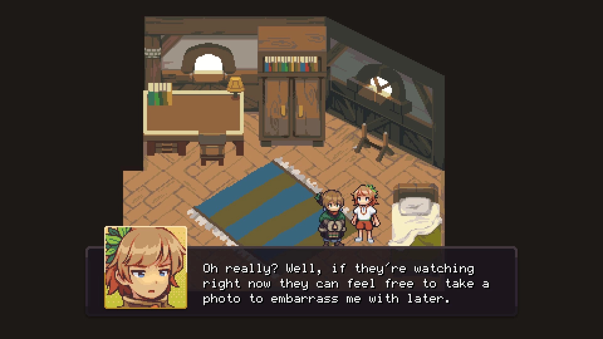 Diorama Break: Dialogue box with character portrait beside two sprites in a cozy bedroom room scene.
