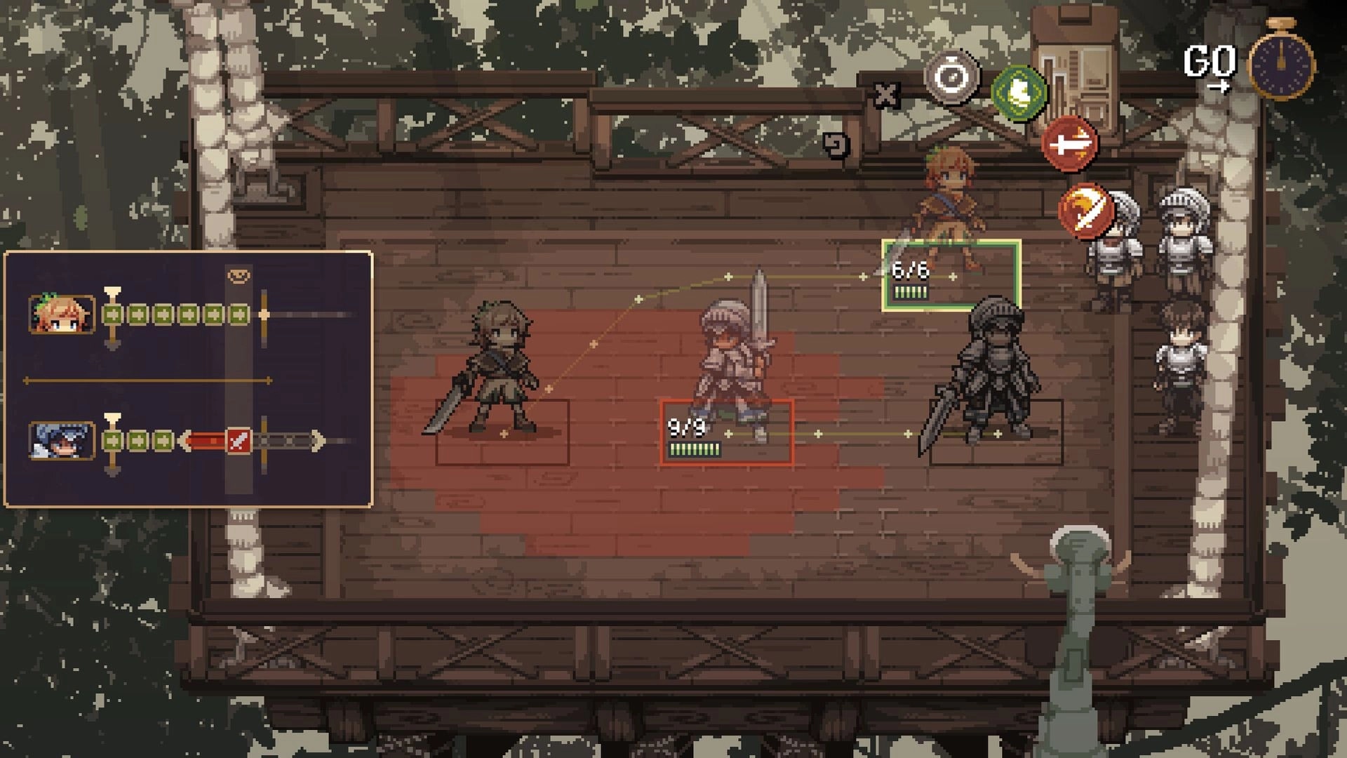Diorama Break: Turn-based battle grid with sword units and HP bars on a wooden dock arena UI.