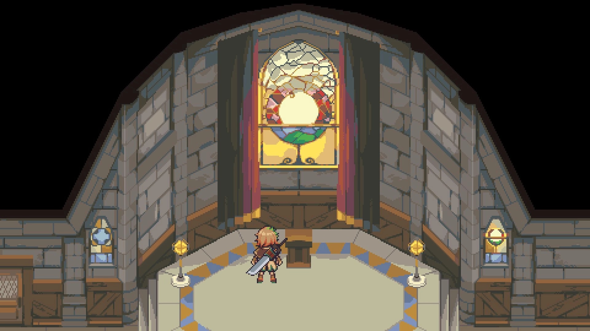 Diorama Break: Hero stands before altar under stained glass window in stone chapel interior, no UI visible.