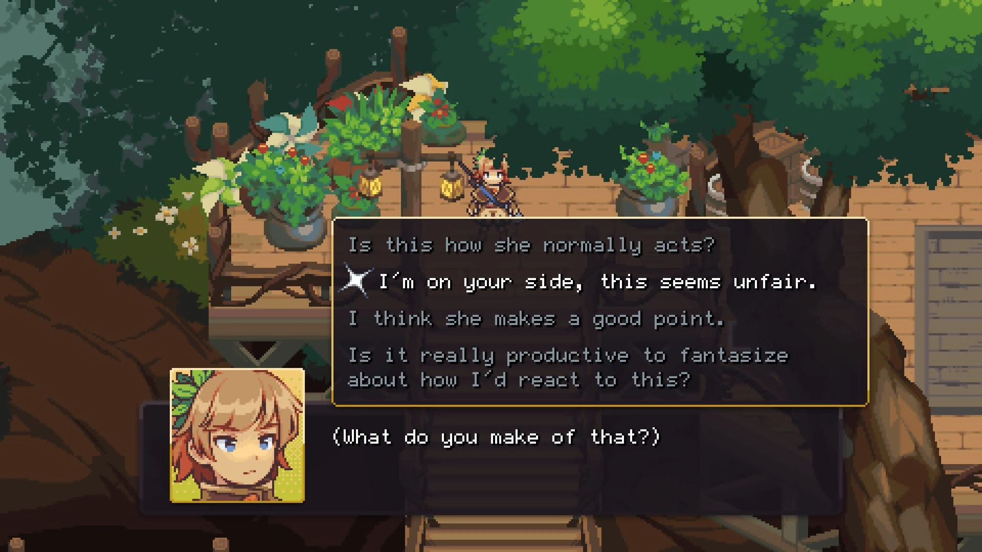 Diorama Break: Dialogue choice menu over hero portrait on a wooden treetop walkway with plants.