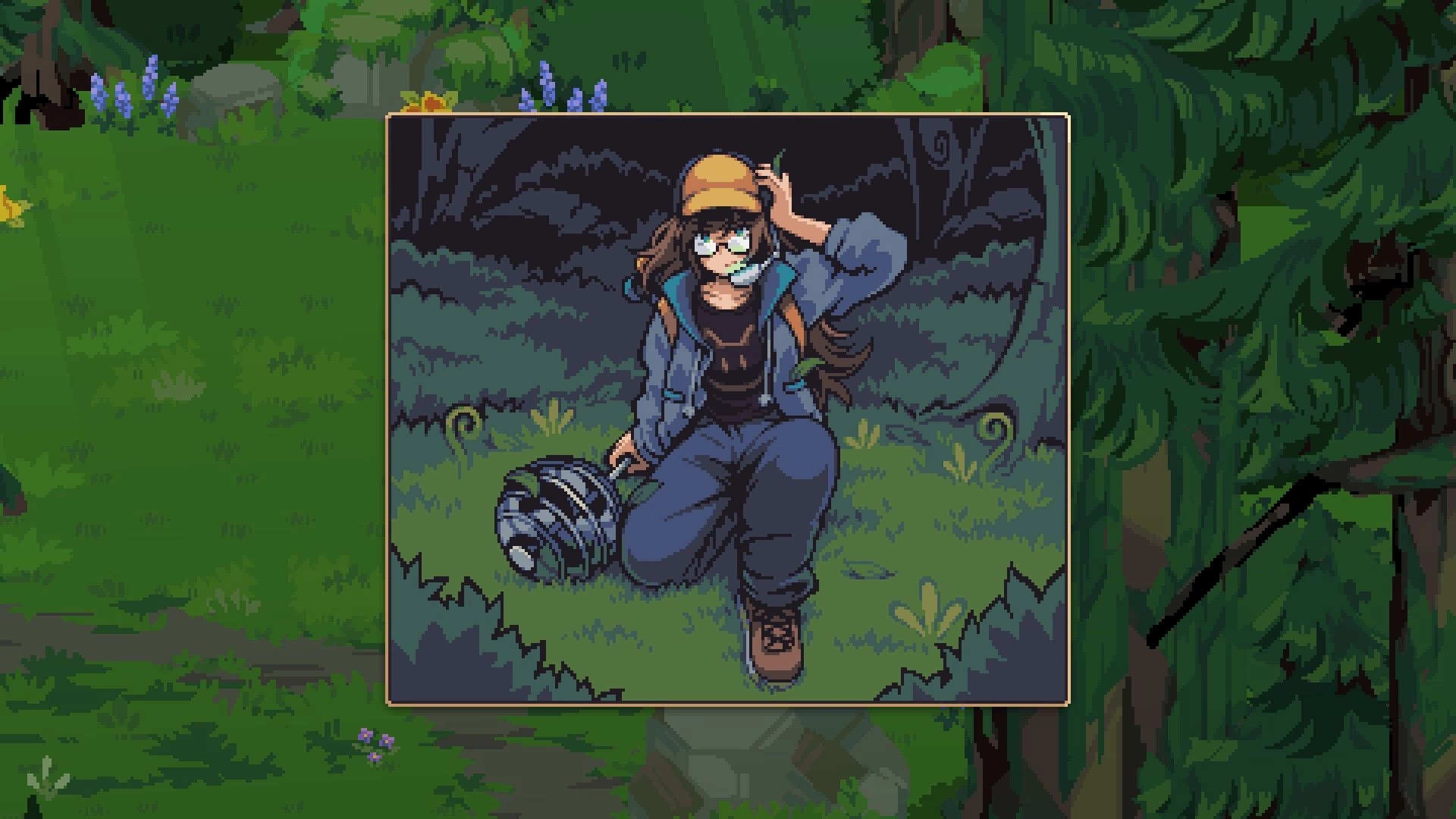 Diorama Break: Dialogue portrait of a girl in a cap beside a backpack in a leafy forest clearing.