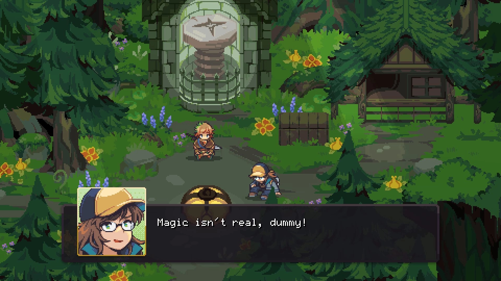 Diorama Break: Dialogue box with portrait saying “Magic isn’t real, dummy!” in a forest shrine area.