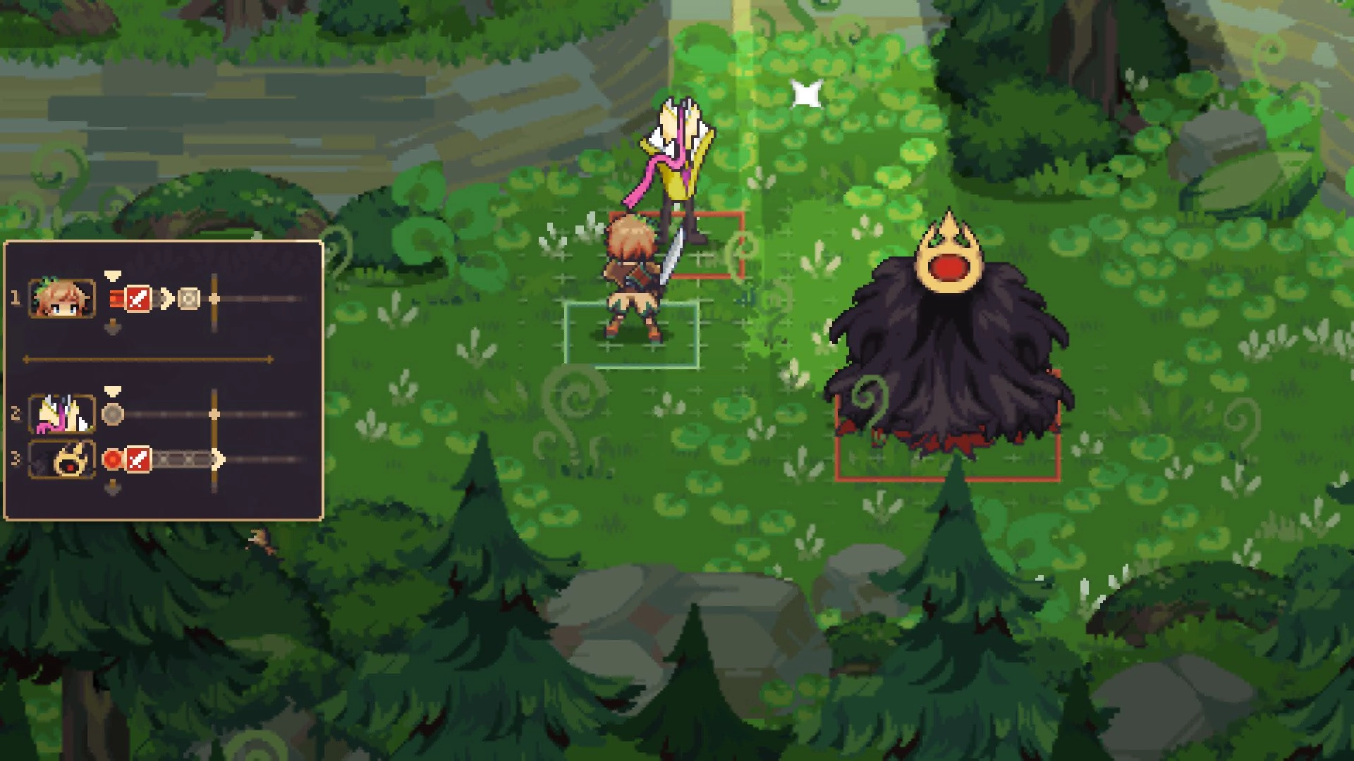 Diorama Break: Turn-based battle grid with swordsman facing a cloaked boss in a forest clearing.