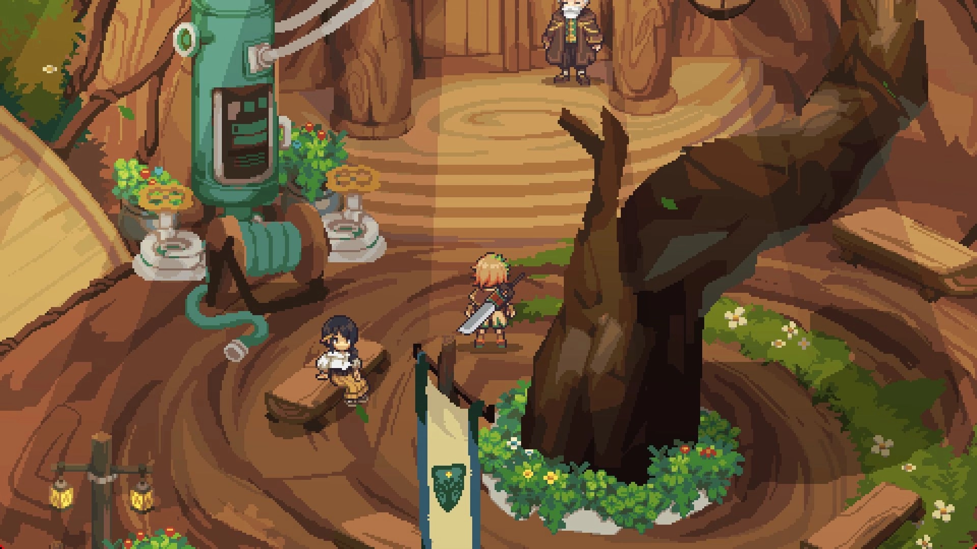 Diorama Break: Party stands by a giant tree stump and machine inside a wooden village clearing.