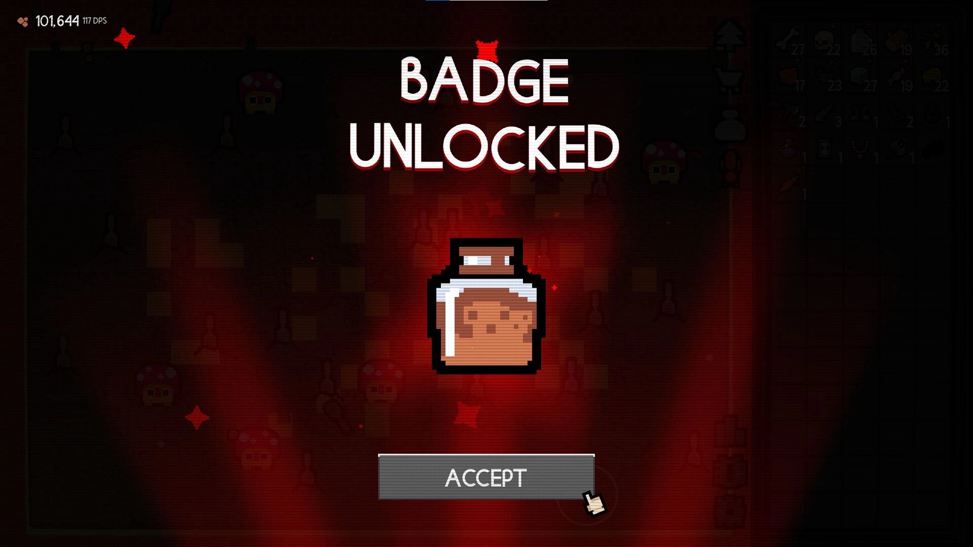 Dirt Clicker: Badge unlocked pop-up with jar icon and Accept button over dimmed inventory screen.