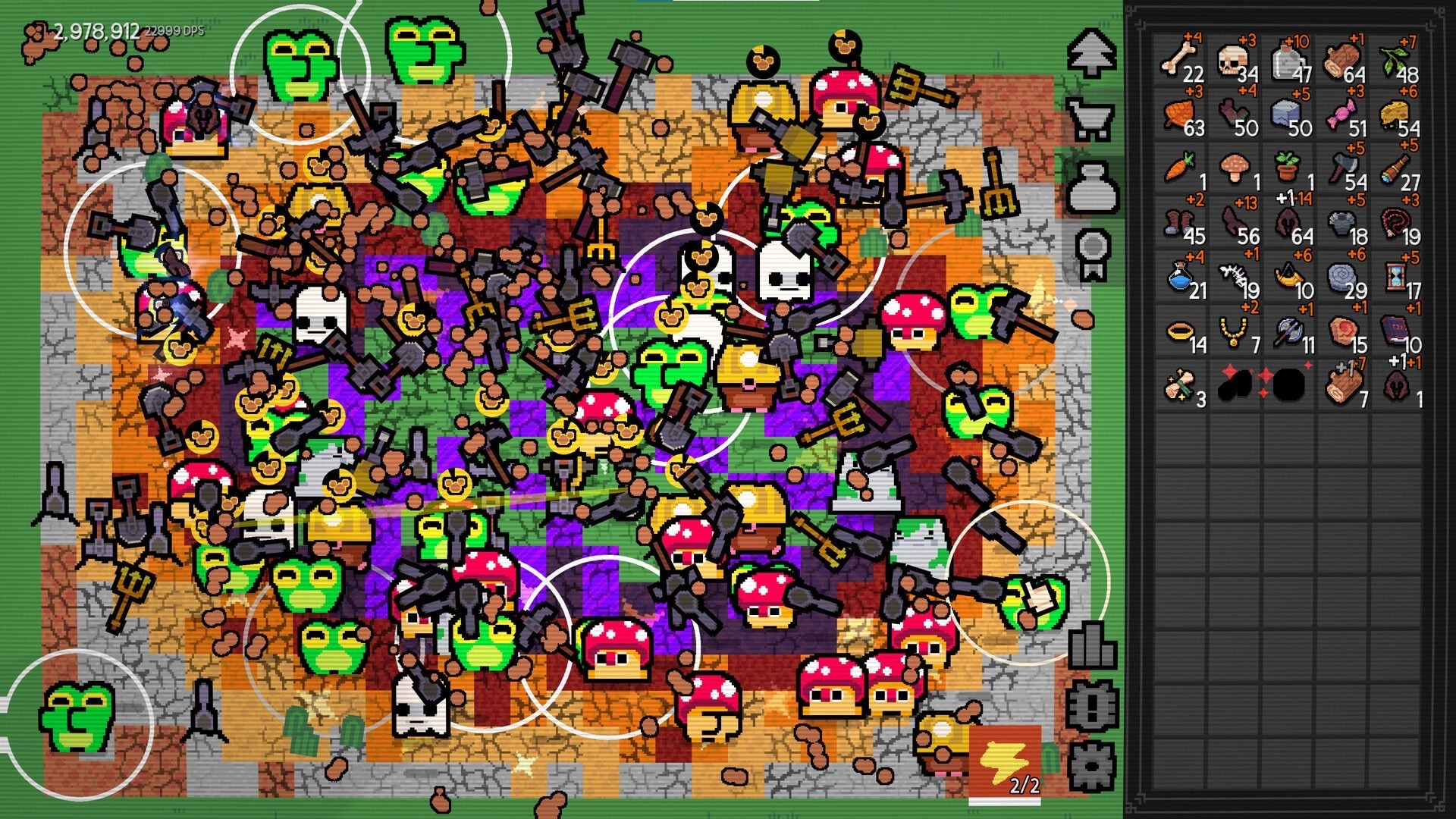 Dirt Clicker: Crowded digging field with pickaxes flying and loot icons, inventory grid open on right.