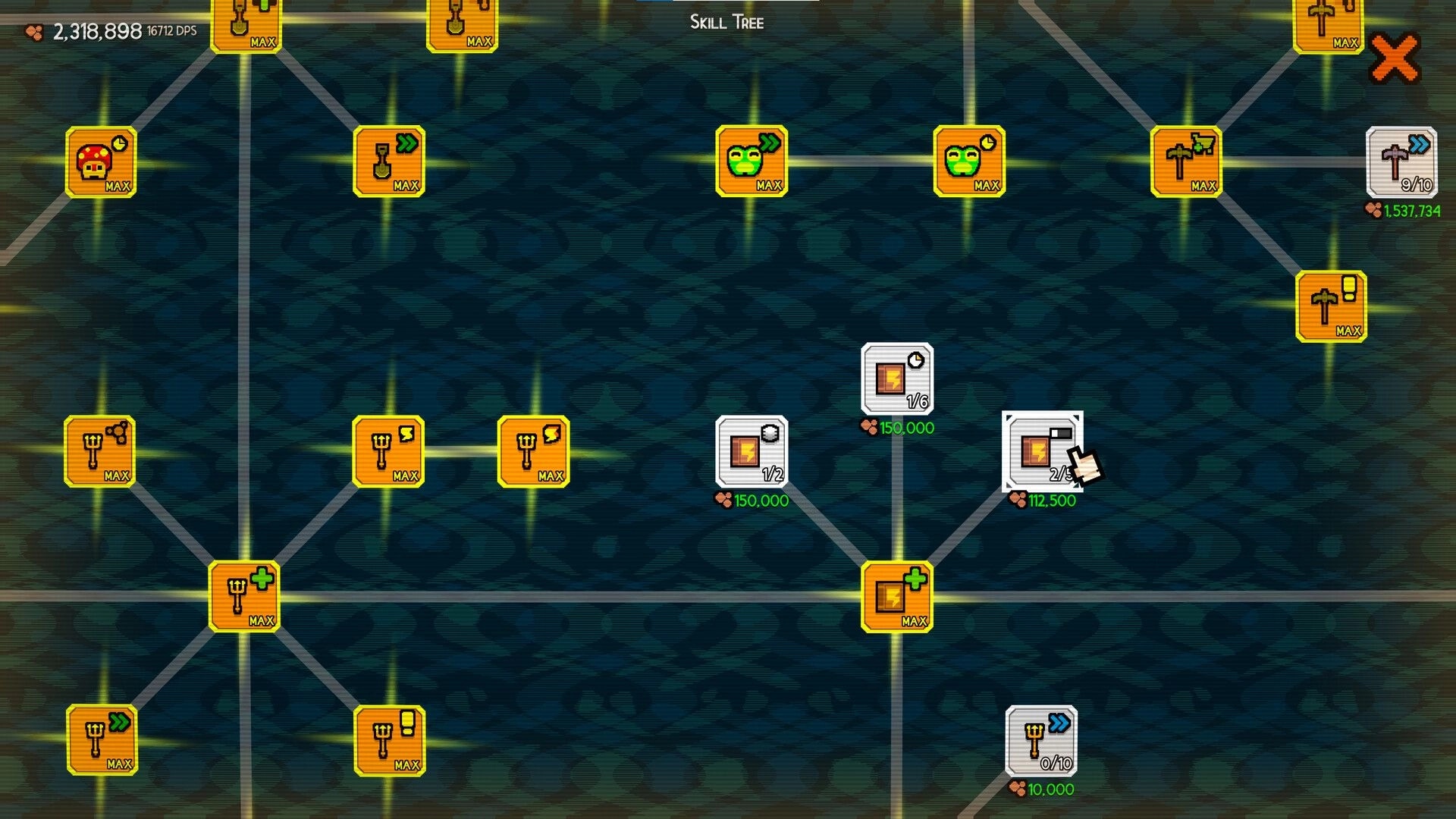 Dirt Clicker: Skill tree upgrade grid with maxed nodes and costs over a dark rocky cave background.