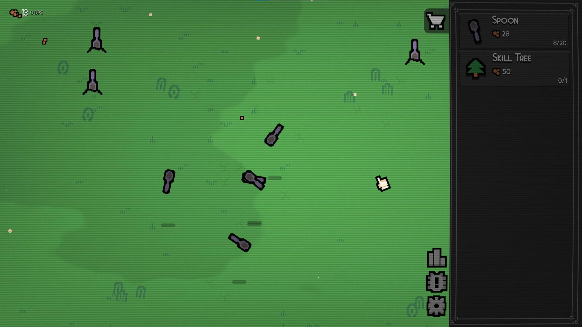 Dirt Clicker: Shovels scattered on green field with cursor, shop panel showing Spoon and Skill Tree upgrades.