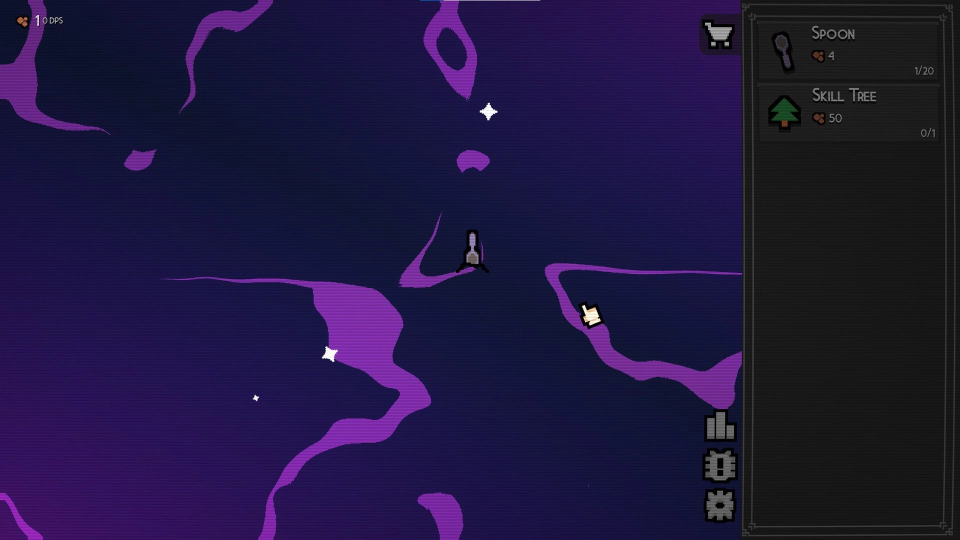 Dirt Clicker: Shovel cursor digs purple underground cavern while shop panel lists Spoon and Skill Tree upgrades.