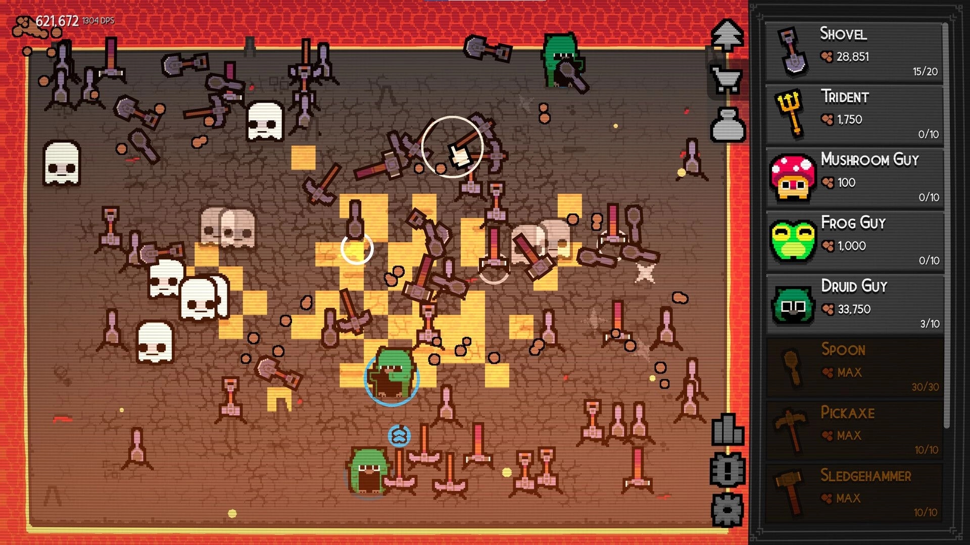 Dirt Clicker: Shovels dig cracked dirt with skull icons and upgrade list panel on the right UI.