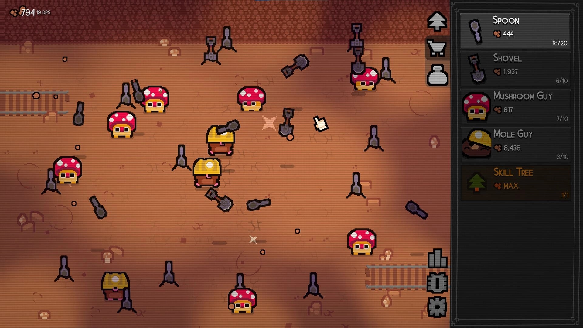 Dirt Clicker: Miners and mushroom helpers digging in dirt cavern, with upgrade list and DPS counter UI.