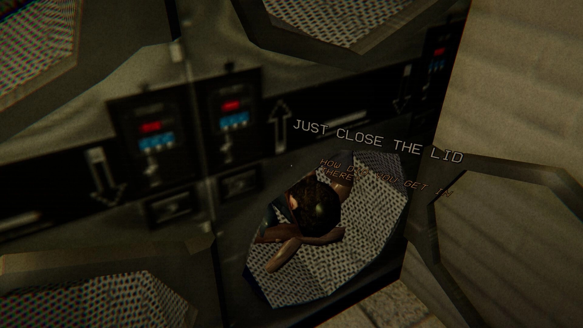 Dirty Laundry: Player peers into open dryer with body inside, prompt text hovering in laundromat aisle.